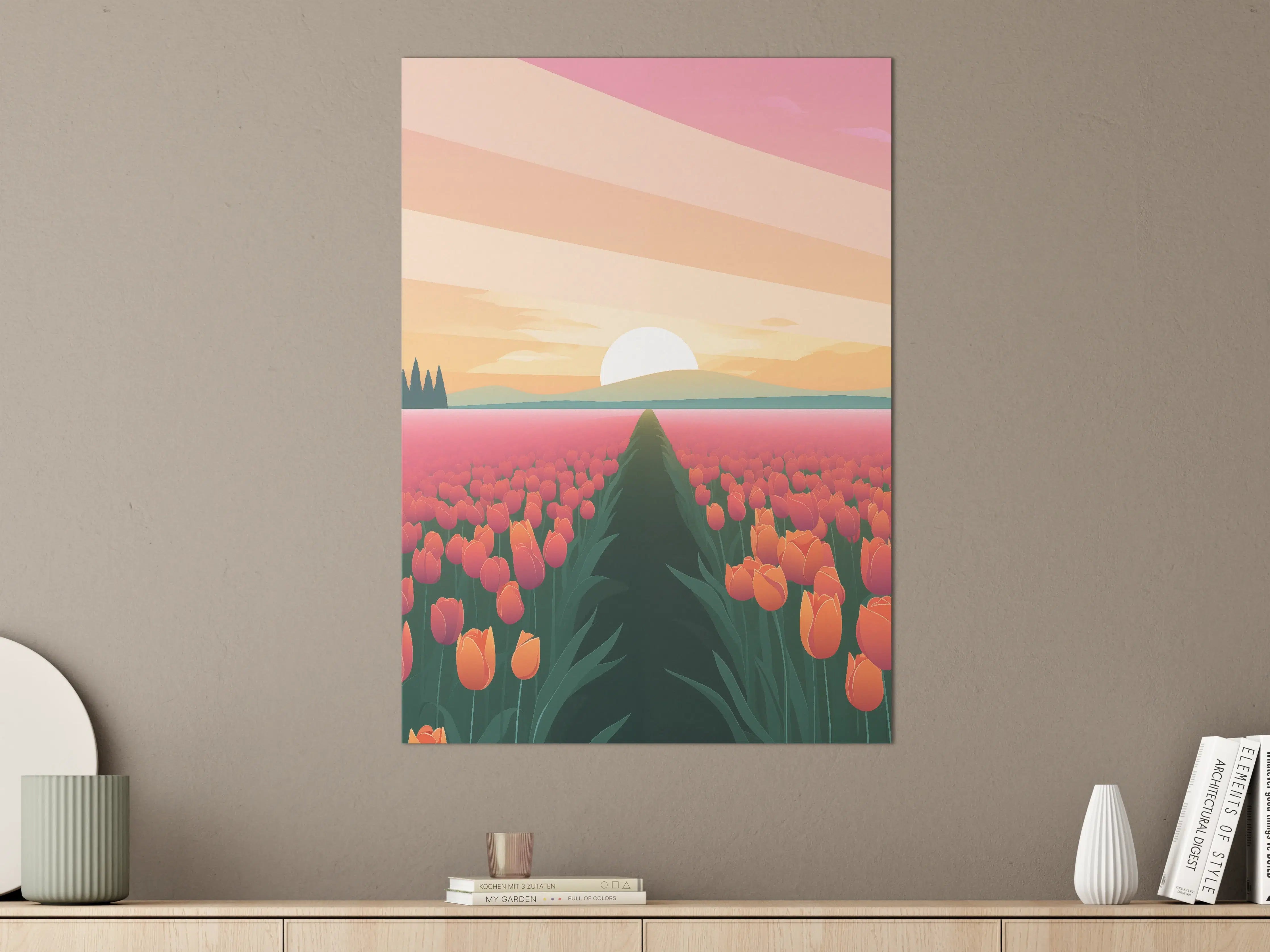 Große Wandbilder - Sanfte Sonnenuntergangsszene mit Tulpenfeld