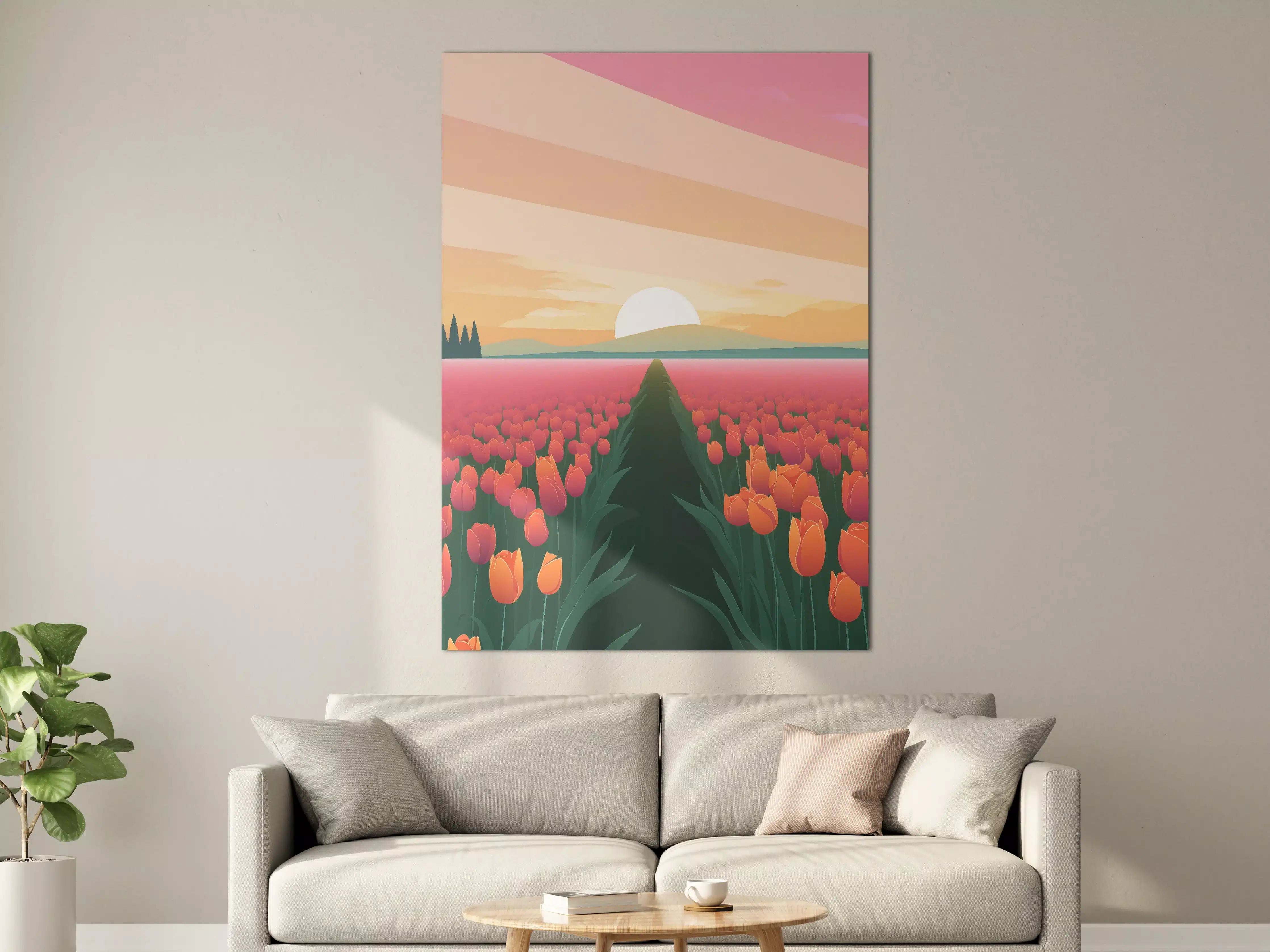 Große Wandbilder - Sanfte Sonnenuntergangsszene mit Tulpenfeld