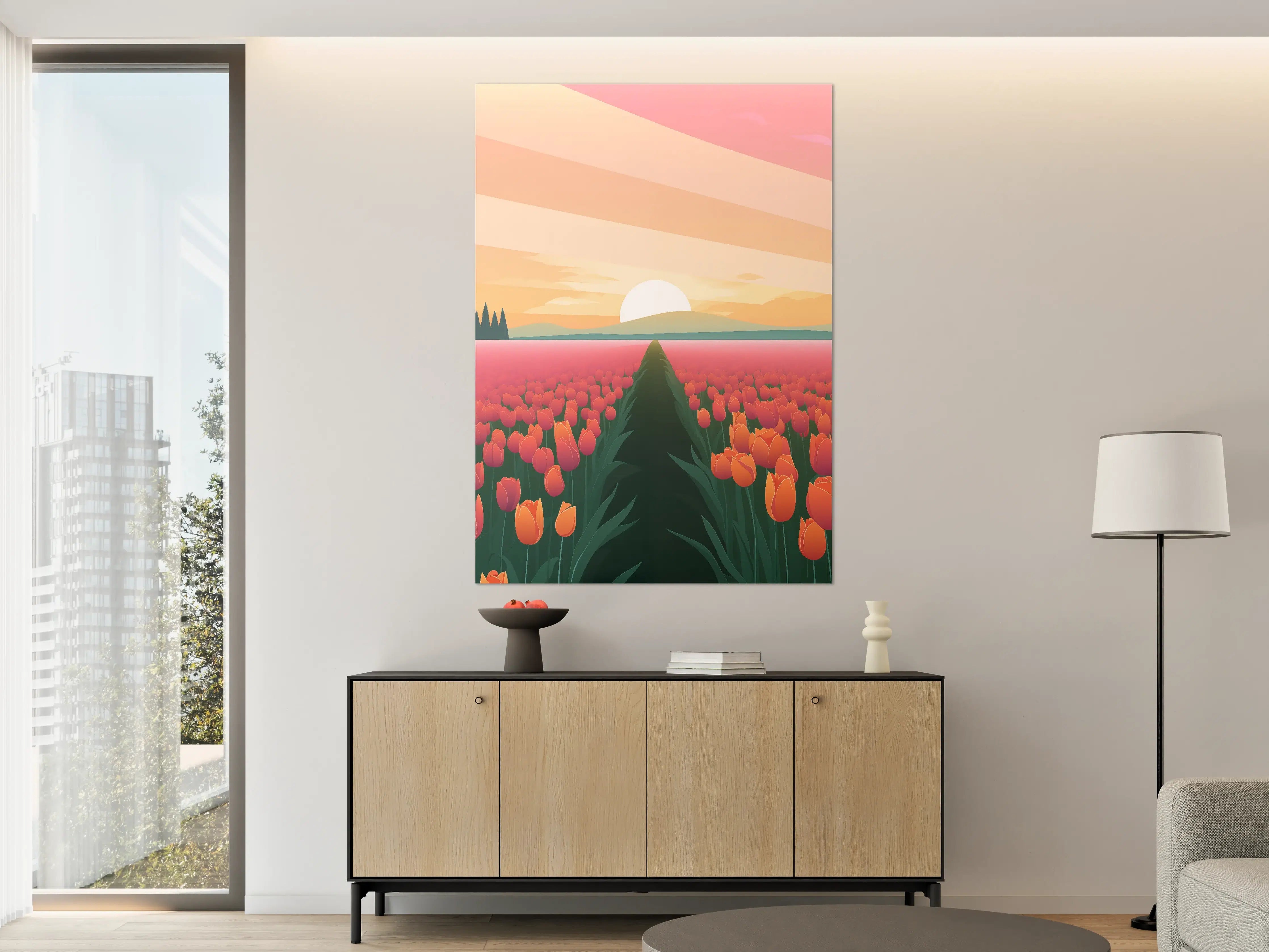 Große Wandbilder - Sanfte Sonnenuntergangsszene mit Tulpenfeld