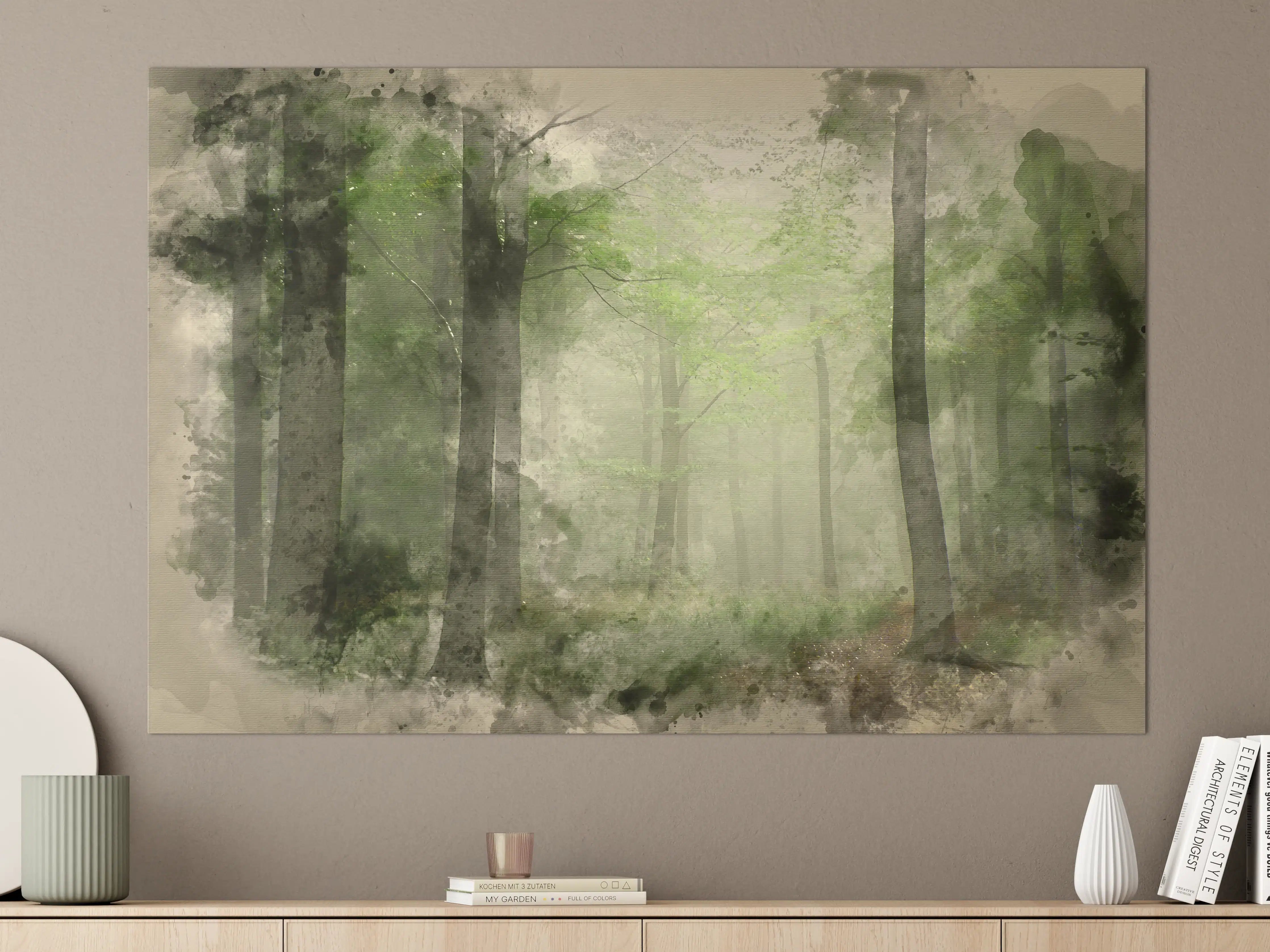 Große Wandbilder - Sanfter Wald im Nebel mit Grüntönen