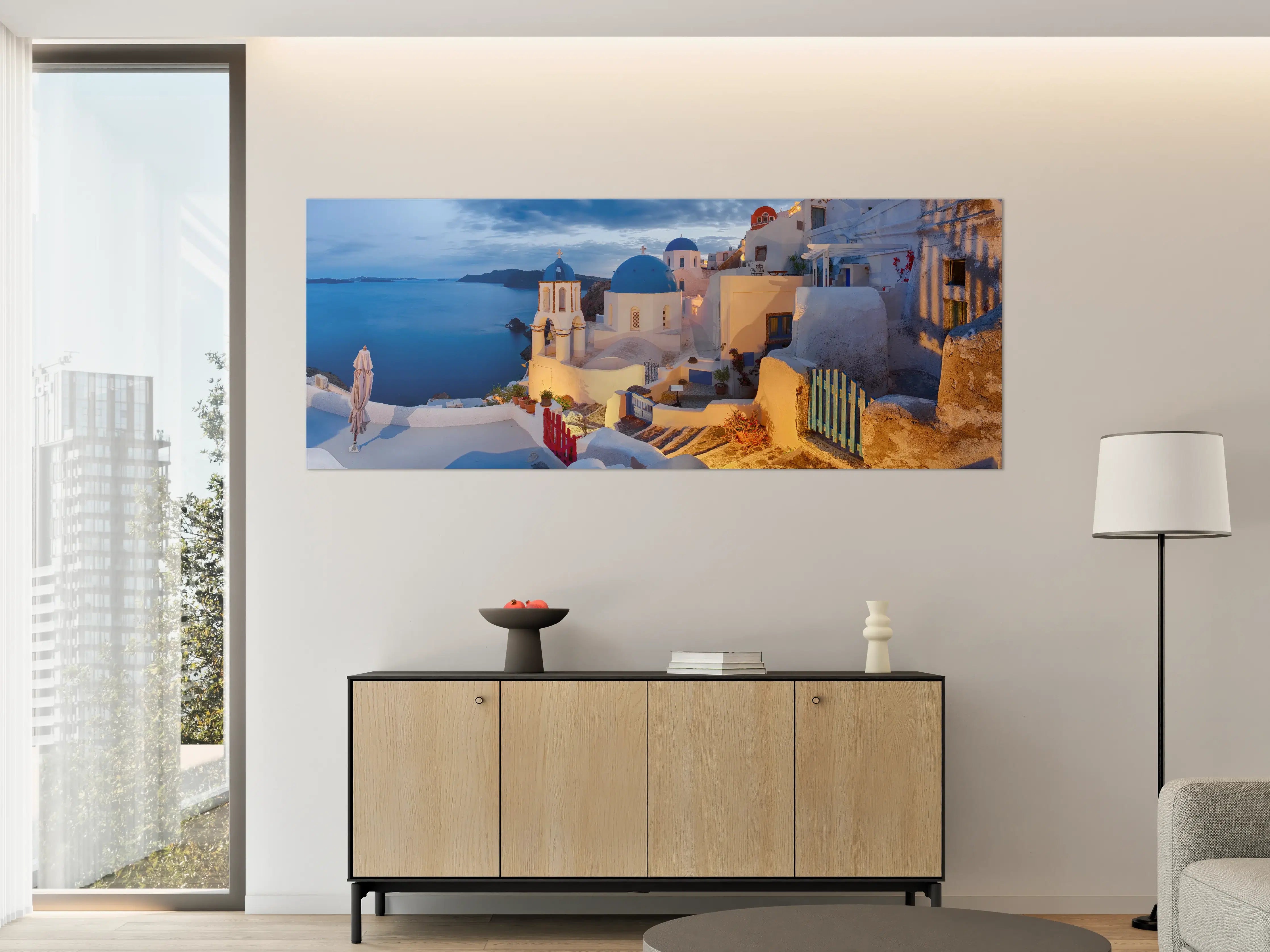 Große Wandbilder - Santorini Skyline in Blau und Weiß