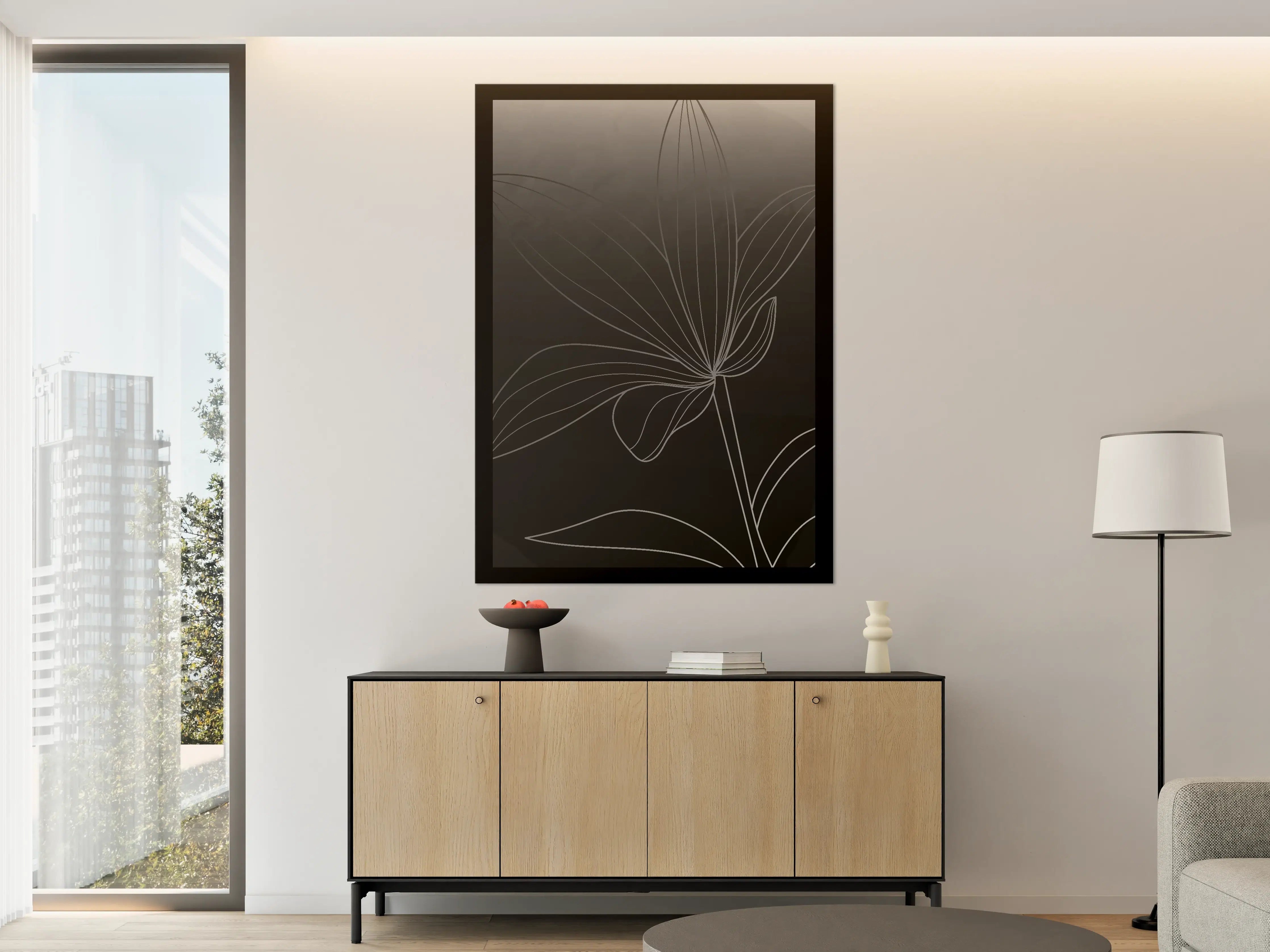Große Wandbilder - Schlichte Blumenlinie auf dunklem Hintergrund