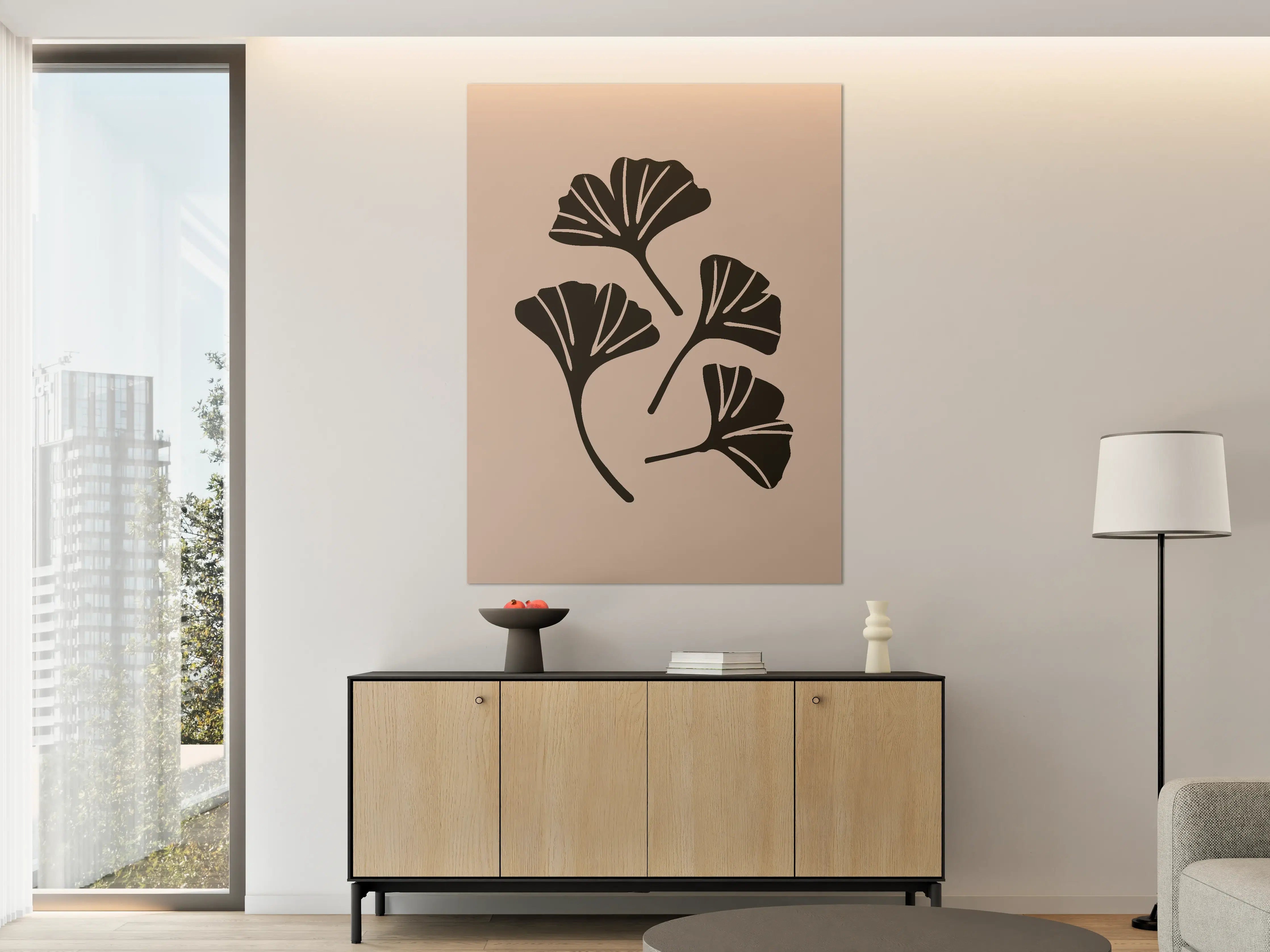 Große Wandbilder - Schlichte Ginkgo-Blätter in Schwarz auf Beigen Hintergrund