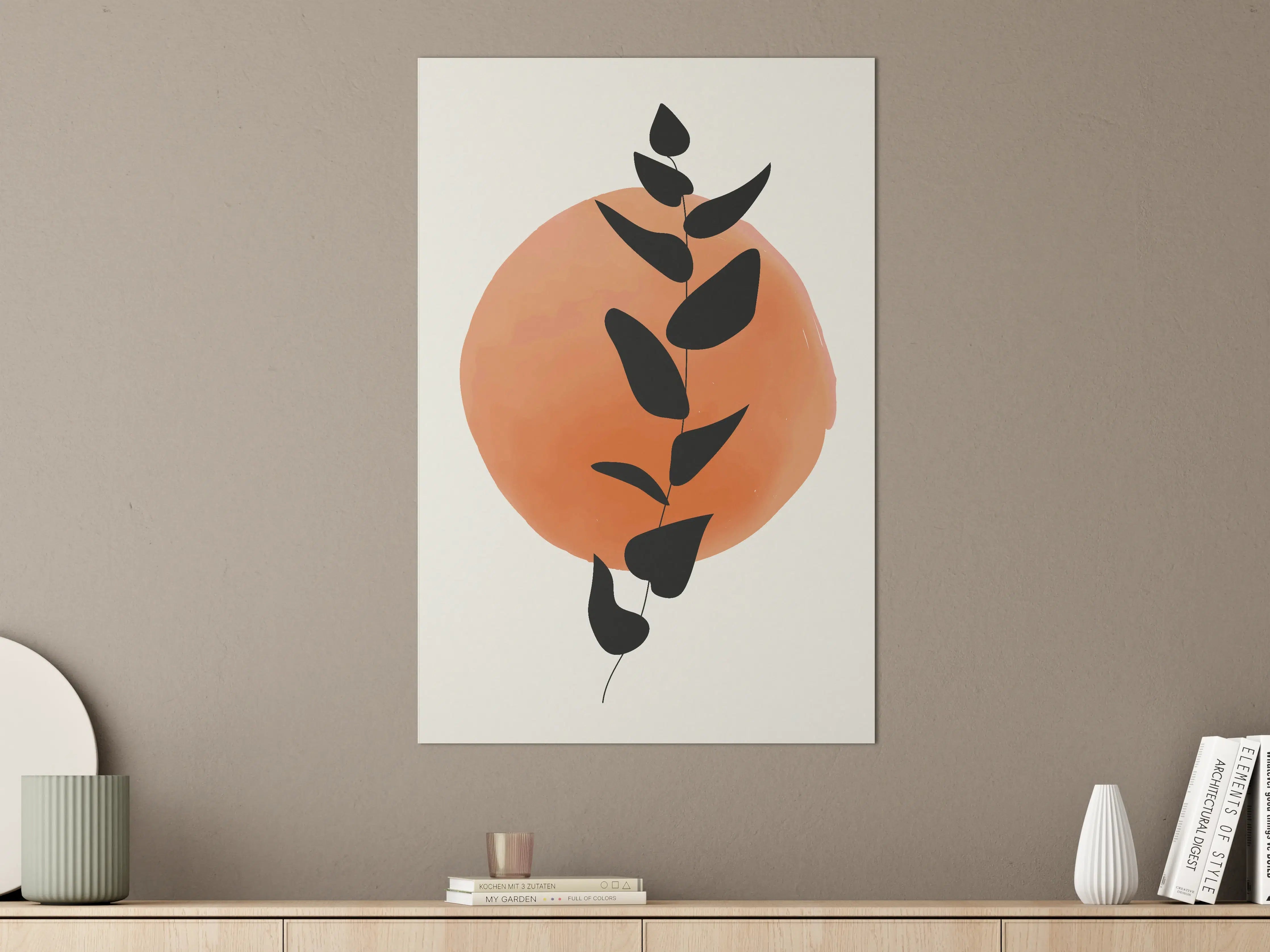 Große Wandbilder - Schlichter Pflanzensilhouetten-Print mit warmem Orange