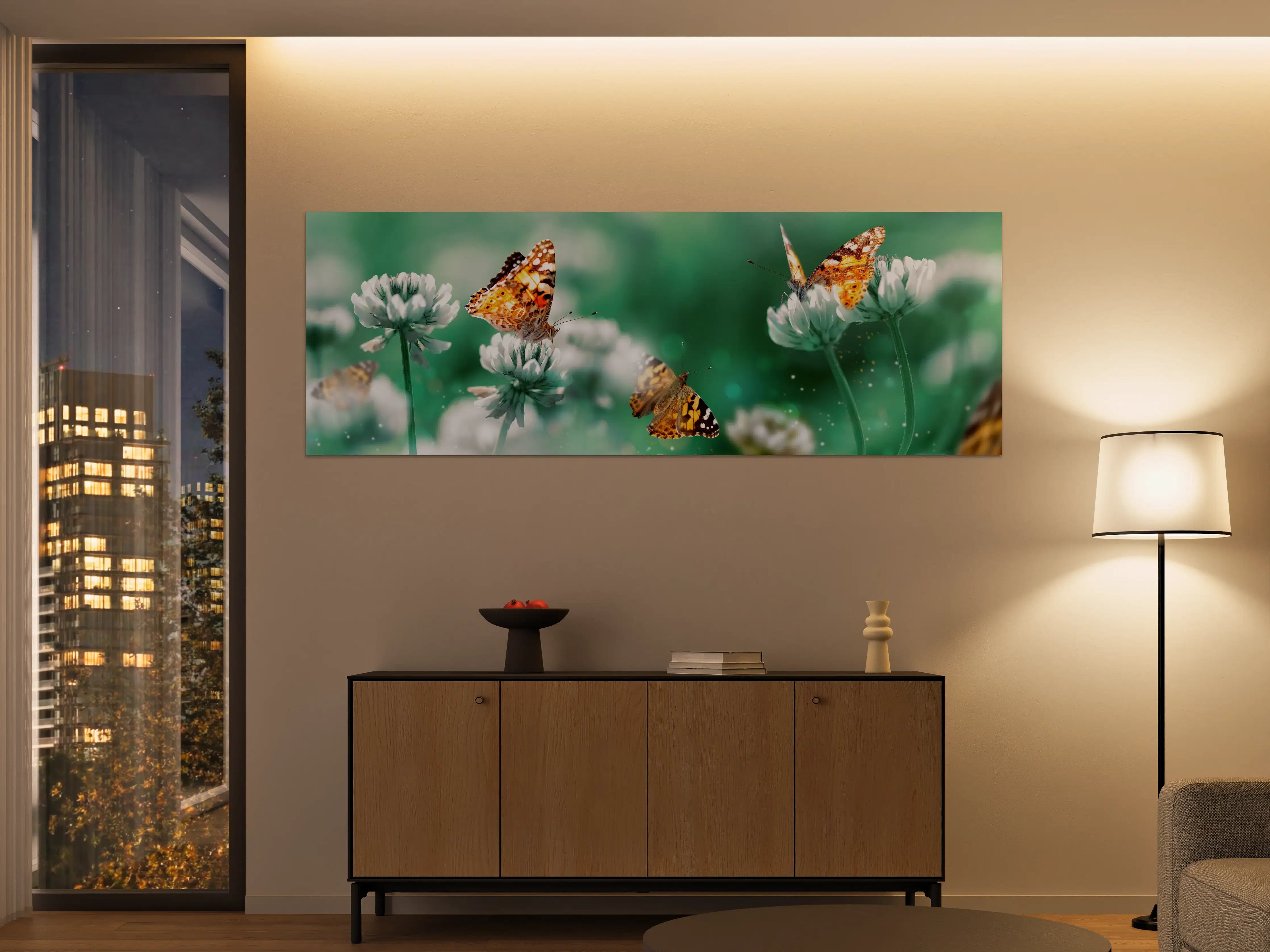 Große Wandbilder - Schmetterling auf Weißkleeblüten