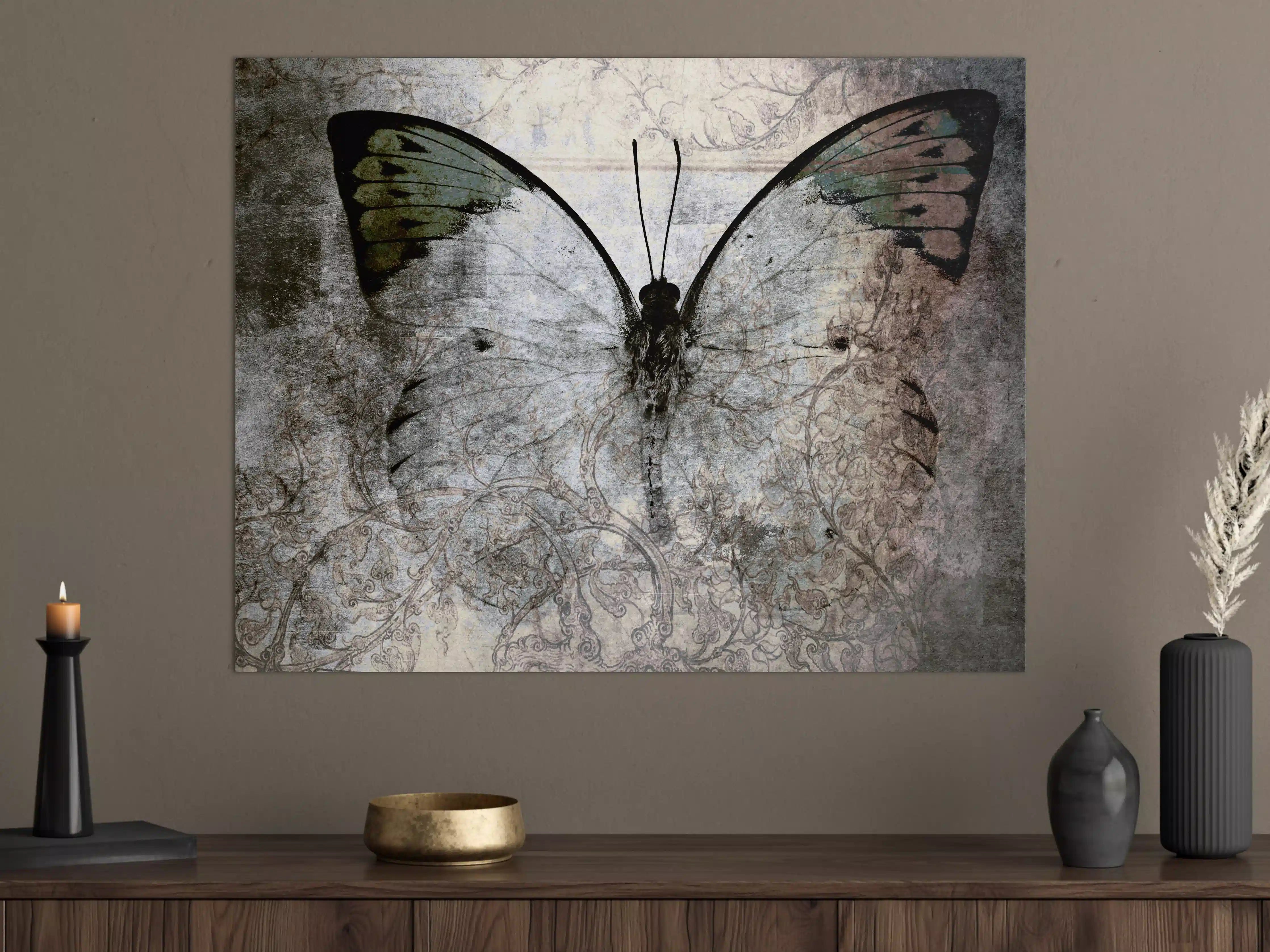 Große Wandbilder - Schmetterling auf alter Wand mit grauer Struktur