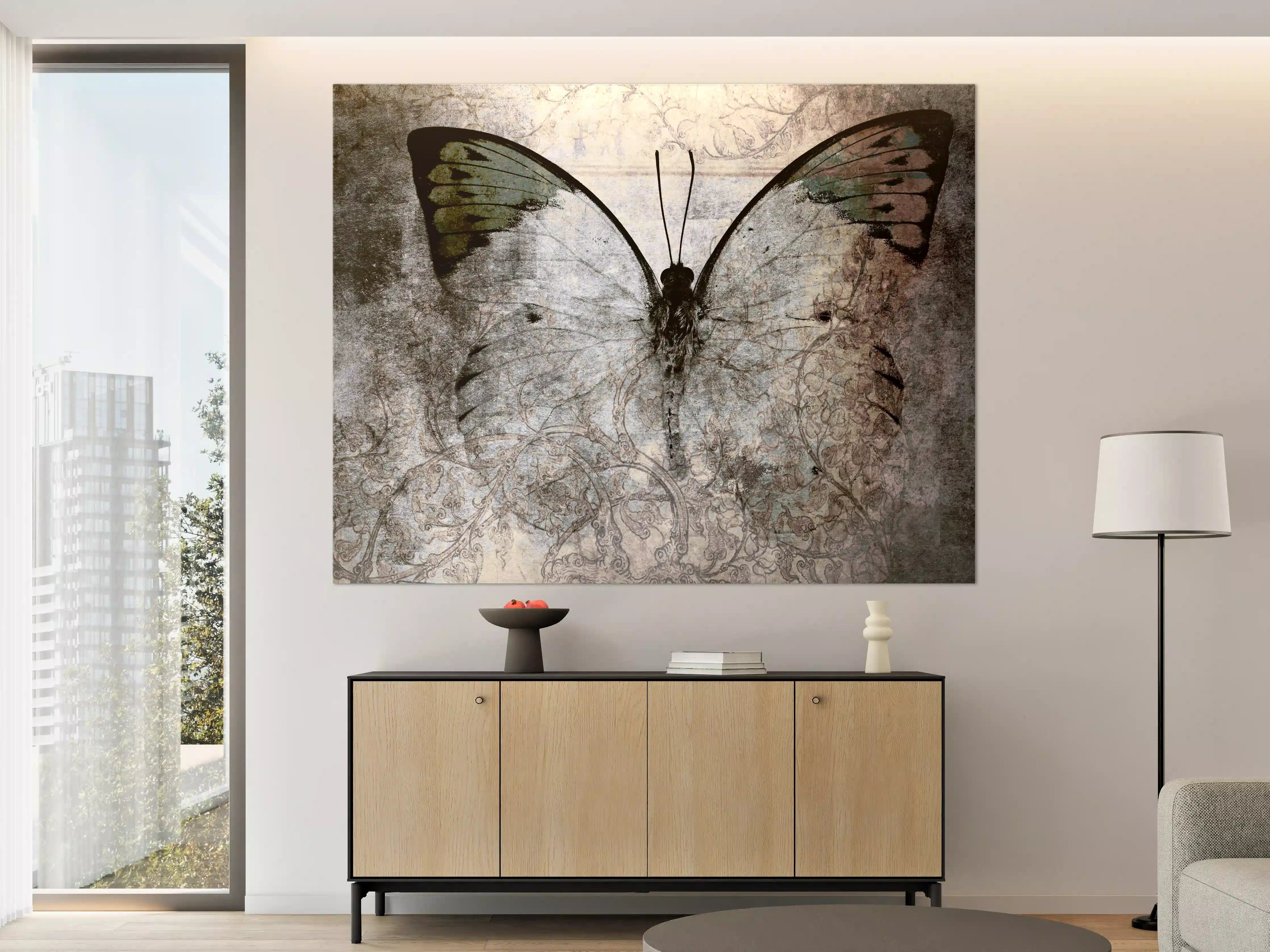 Große Wandbilder - Schmetterling auf alter Wand mit grauer Struktur