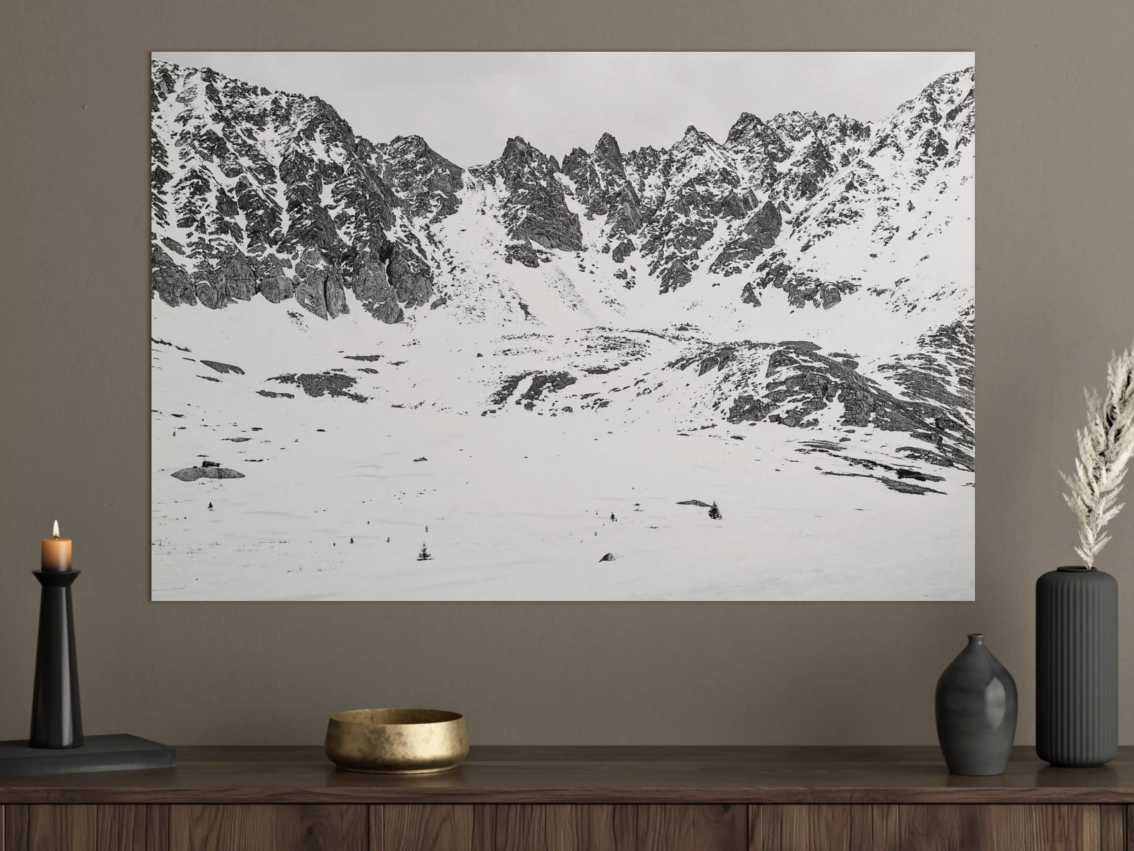 Große Wandbilder - Schneebedeckte Berglandschaft in Schwarz-Weiß