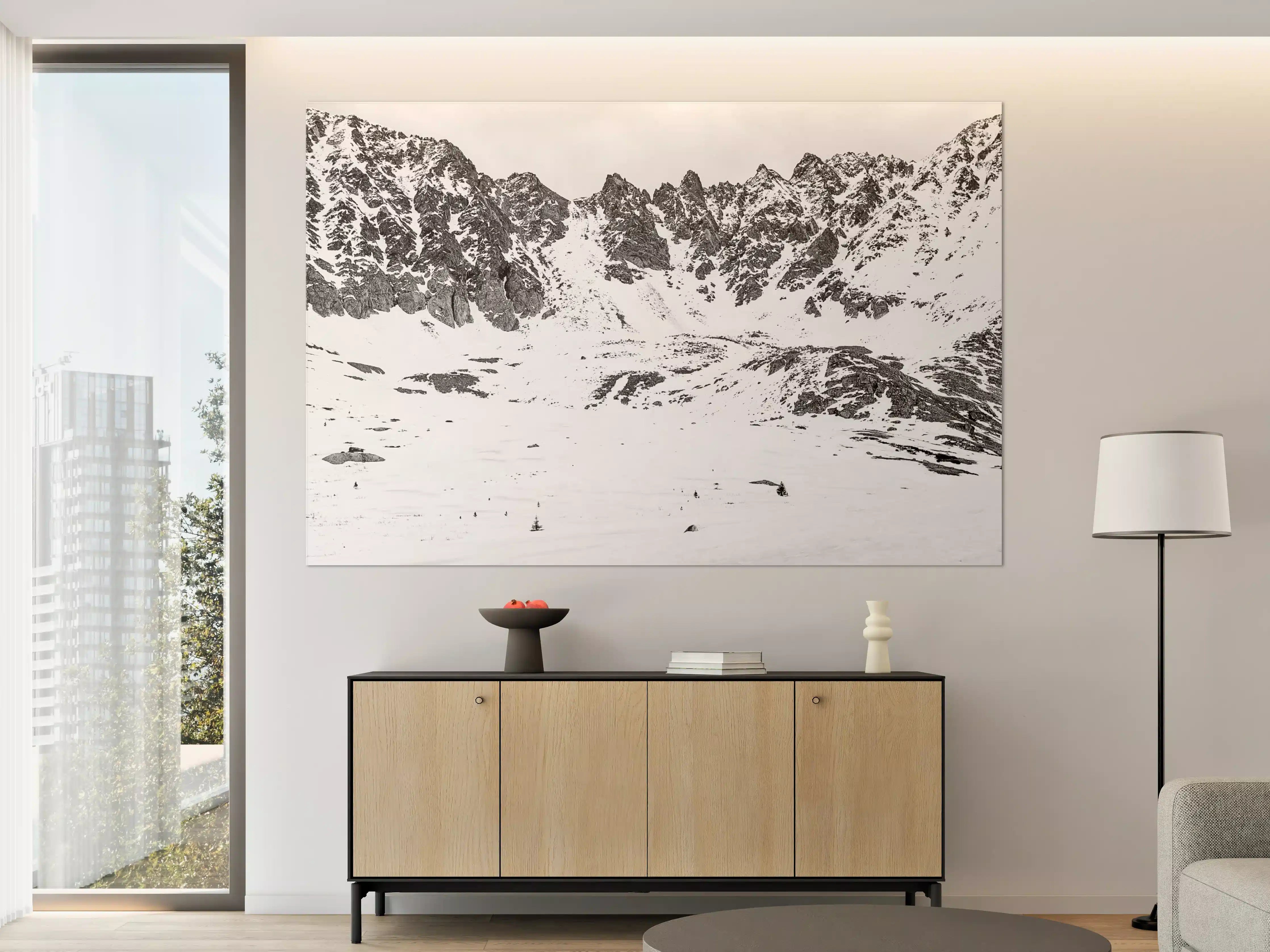 Große Wandbilder - Schneebedeckte Berglandschaft in Schwarz-Weiß