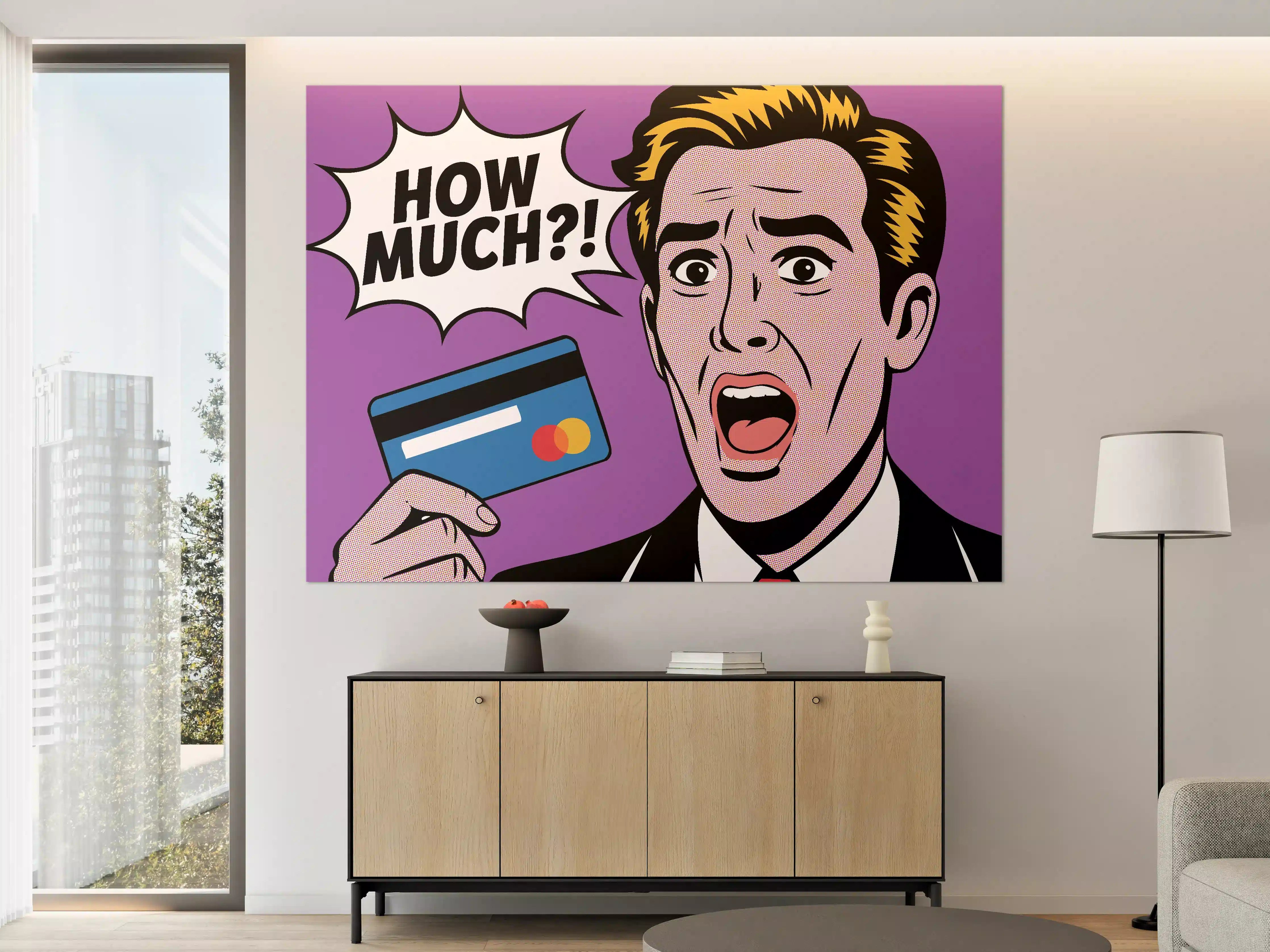 Große Wandbilder - Schockierter Mann mit Kreditkarte in Pop-Art-Optik