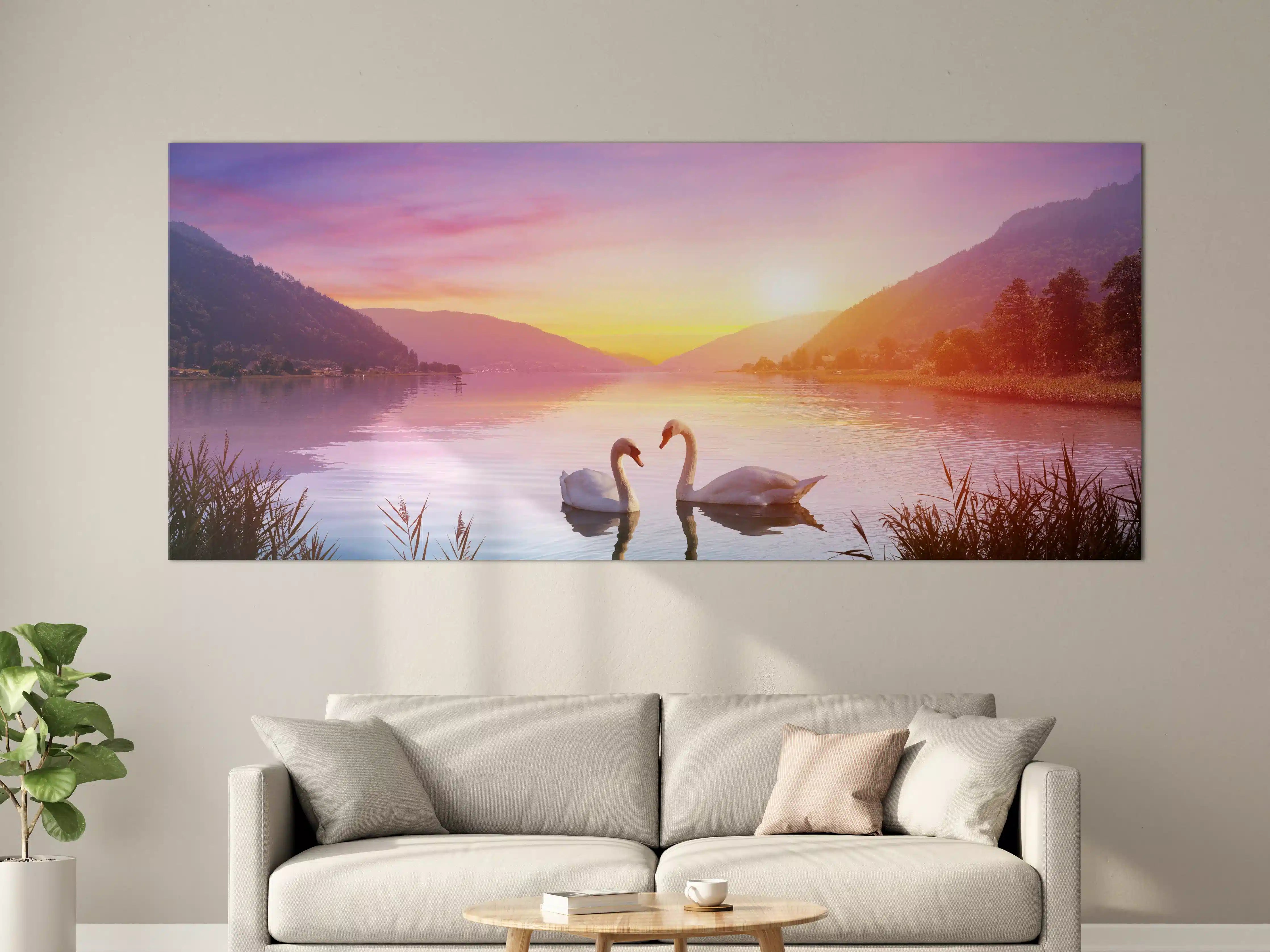 Große Wandbilder - Schwäne über dem See bei Sonnenaufgang - Ruhe und Romantik