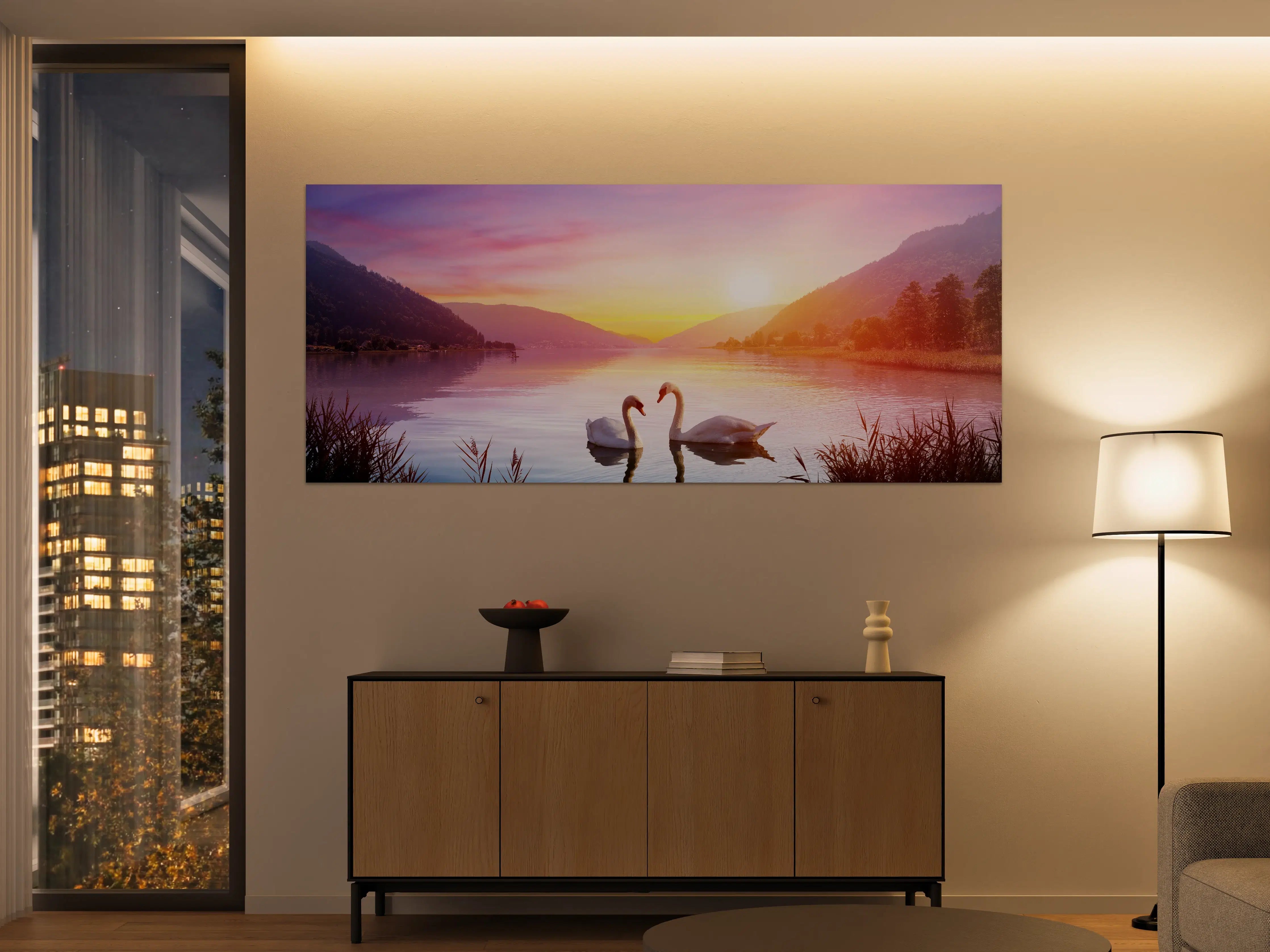 Große Wandbilder - Schwäne über dem See bei Sonnenaufgang - Ruhe und Romantik