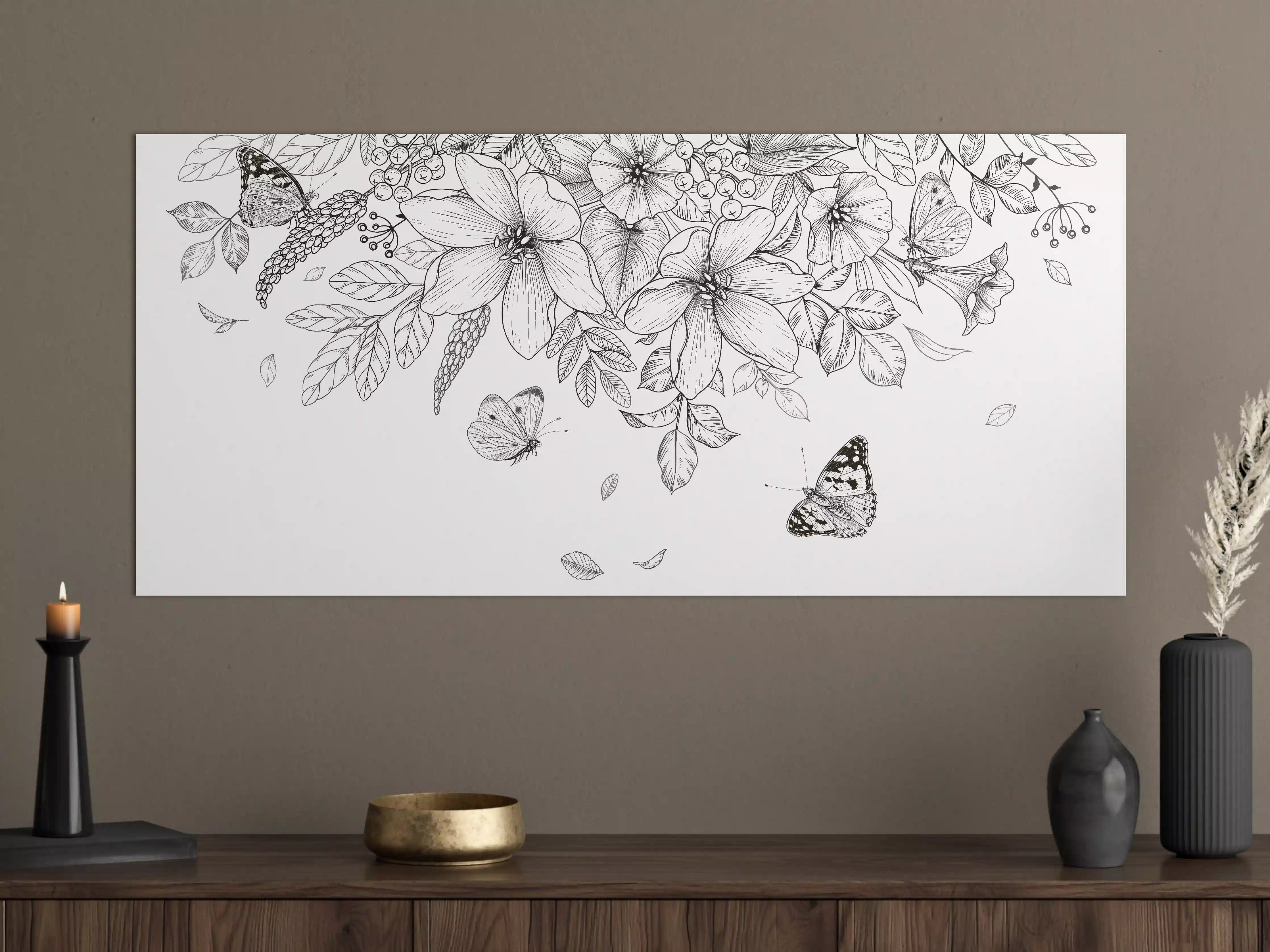 Große Wandbilder - Schwarz-Weiß Floralzeichnung