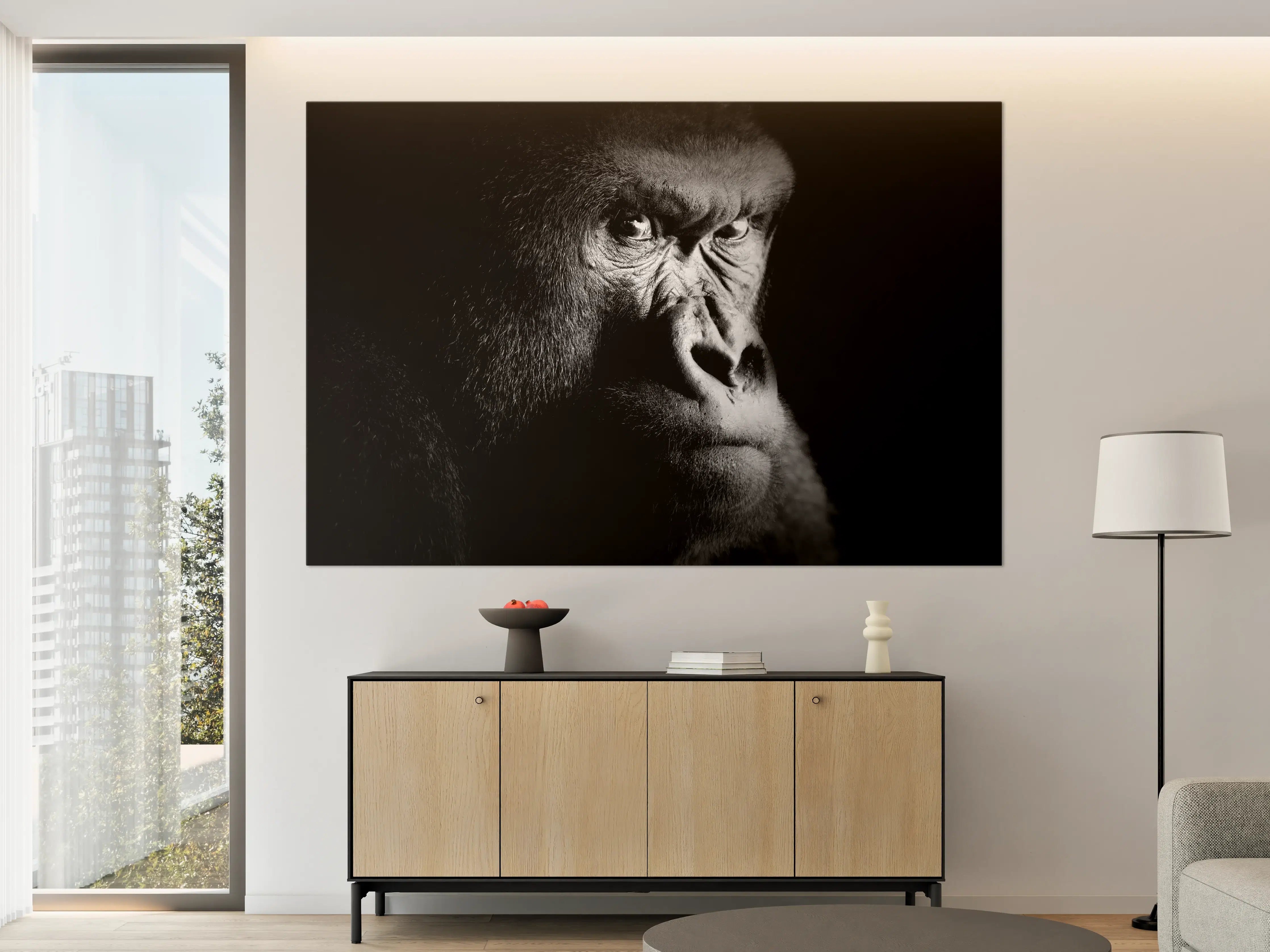 Große Wandbilder - Schwarz-Weiß-Gorilla mit intensiven Blick