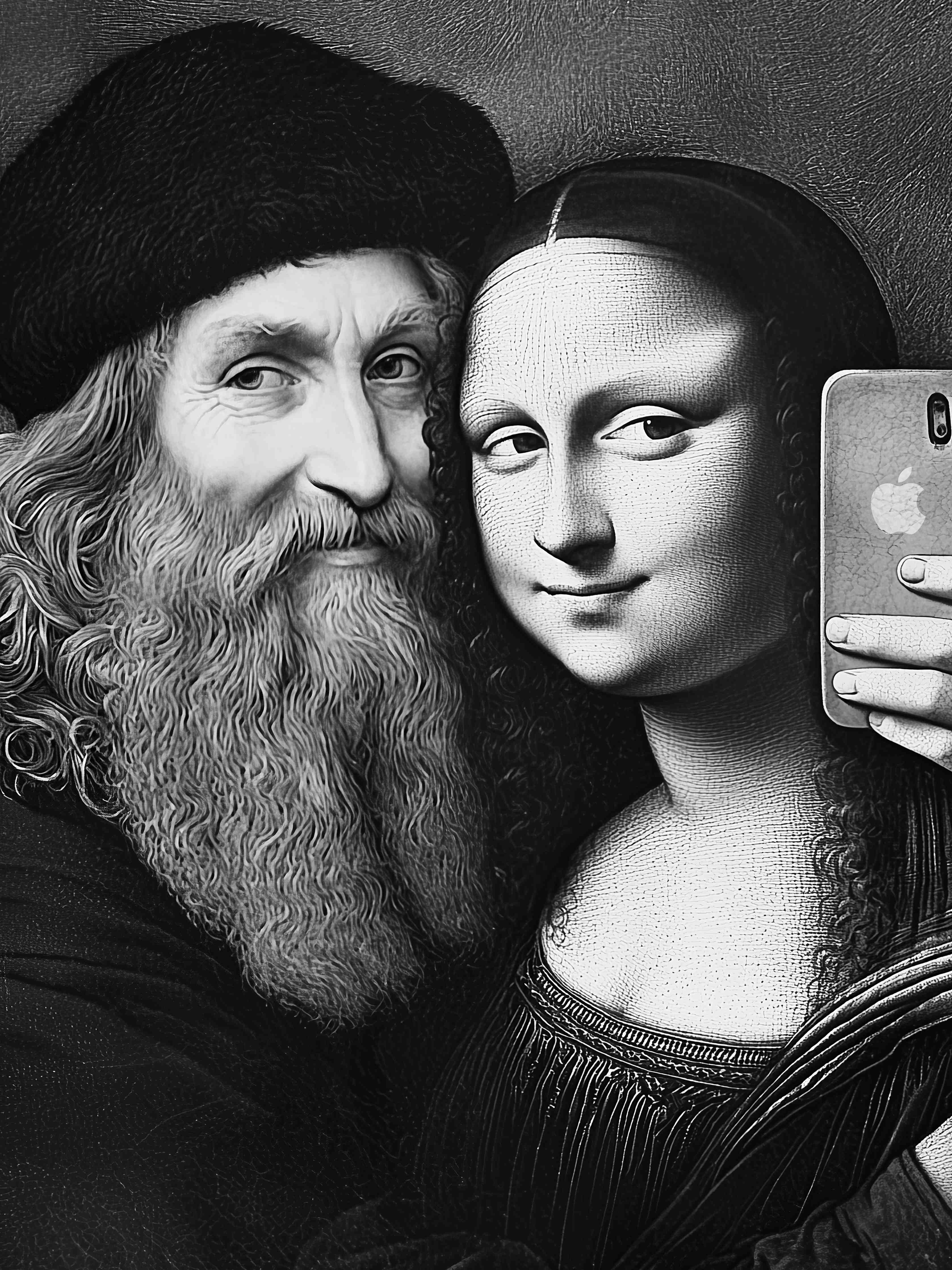 Große Wandbilder-Schwarz-Weiß-Porträt von Mann mit Bart und Mona Lisa Figur