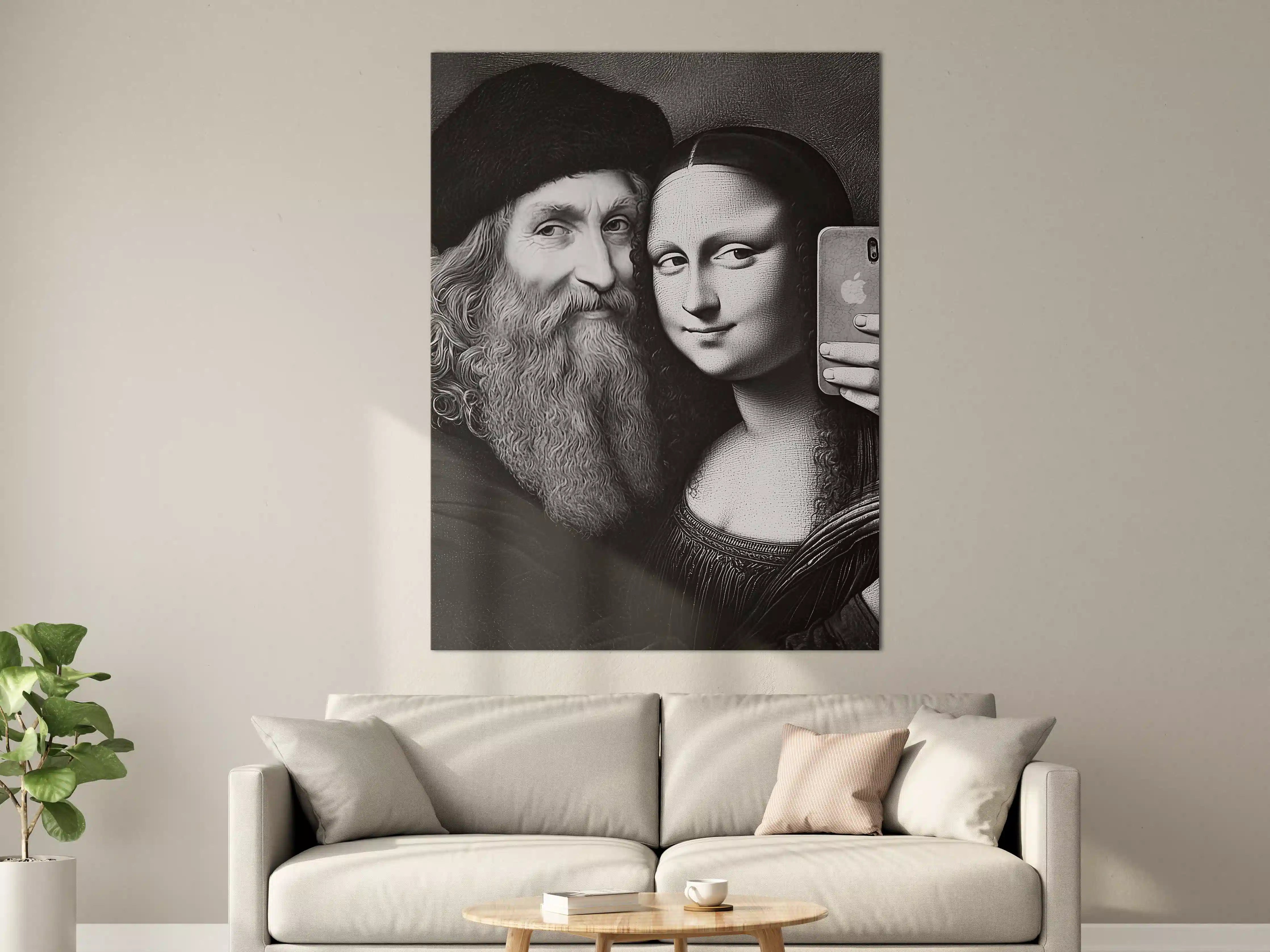 Große Wandbilder - Schwarz-Weiß-Porträt von Mann mit Bart und Mona Lisa Figur