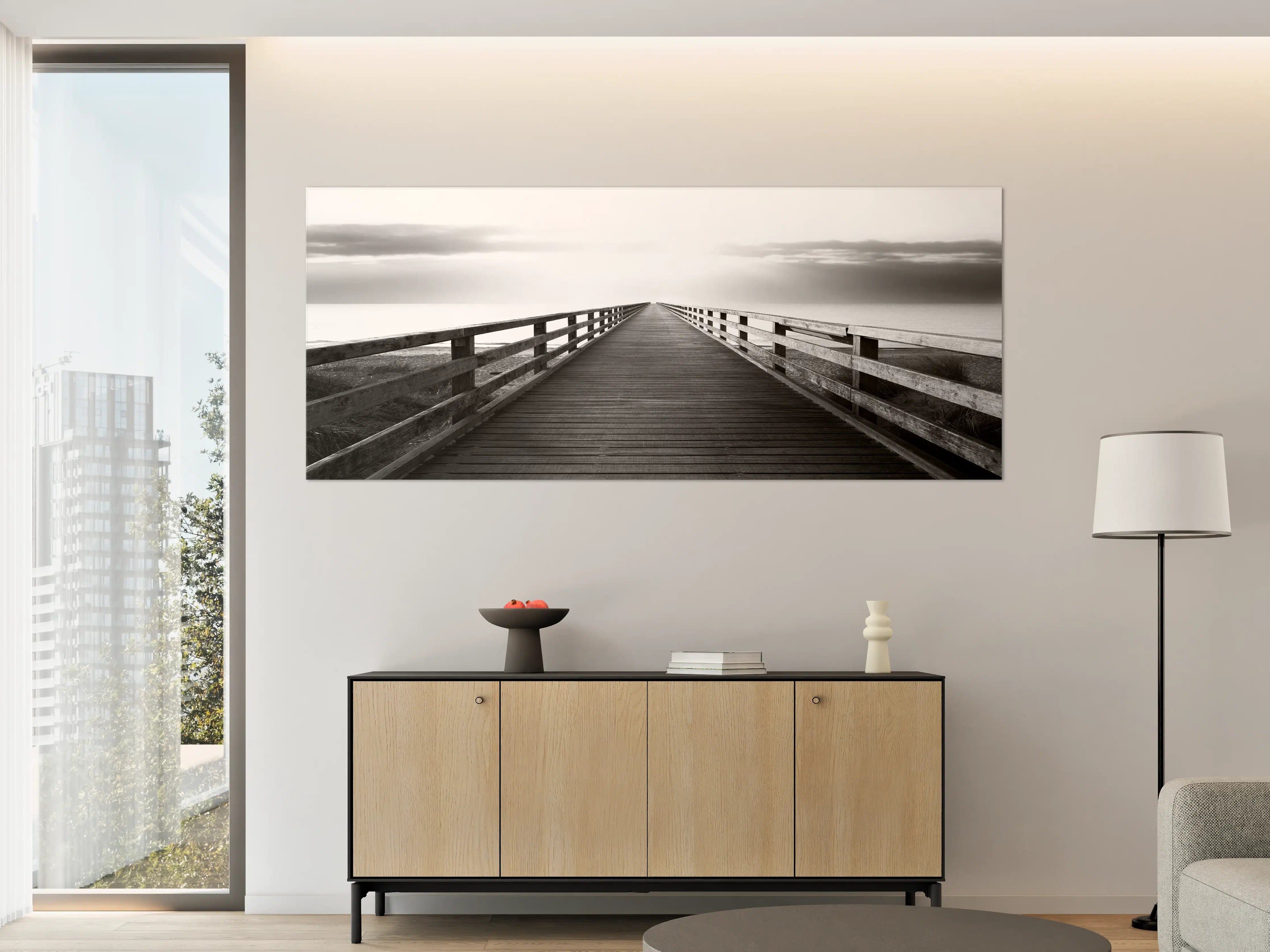 Große Wandbilder - Schwarz-Weiß-Promenade auf Holzbrücke