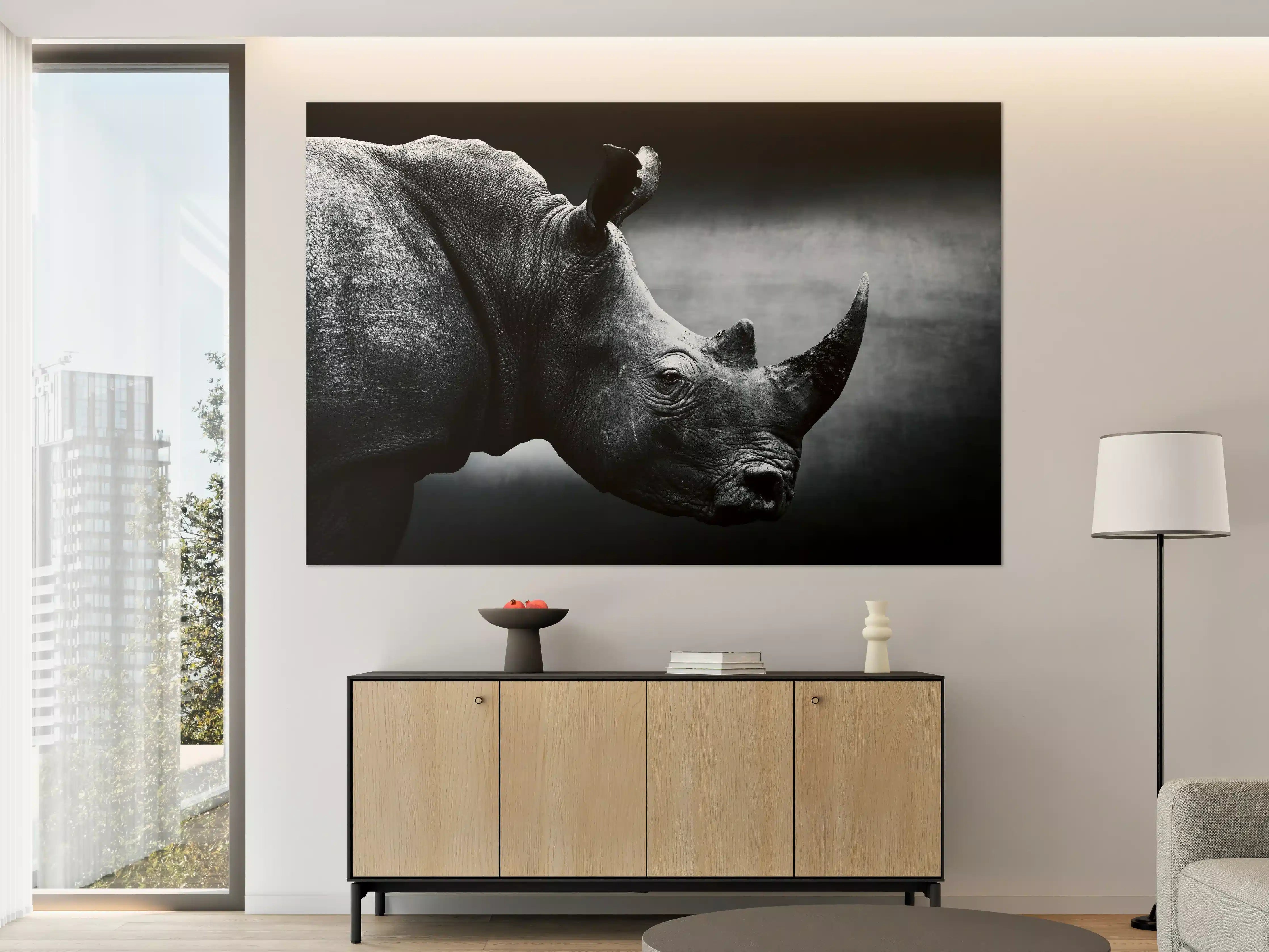 Große Wandbilder - Schwarz-Weiß-Rhino im Dämmerlicht
