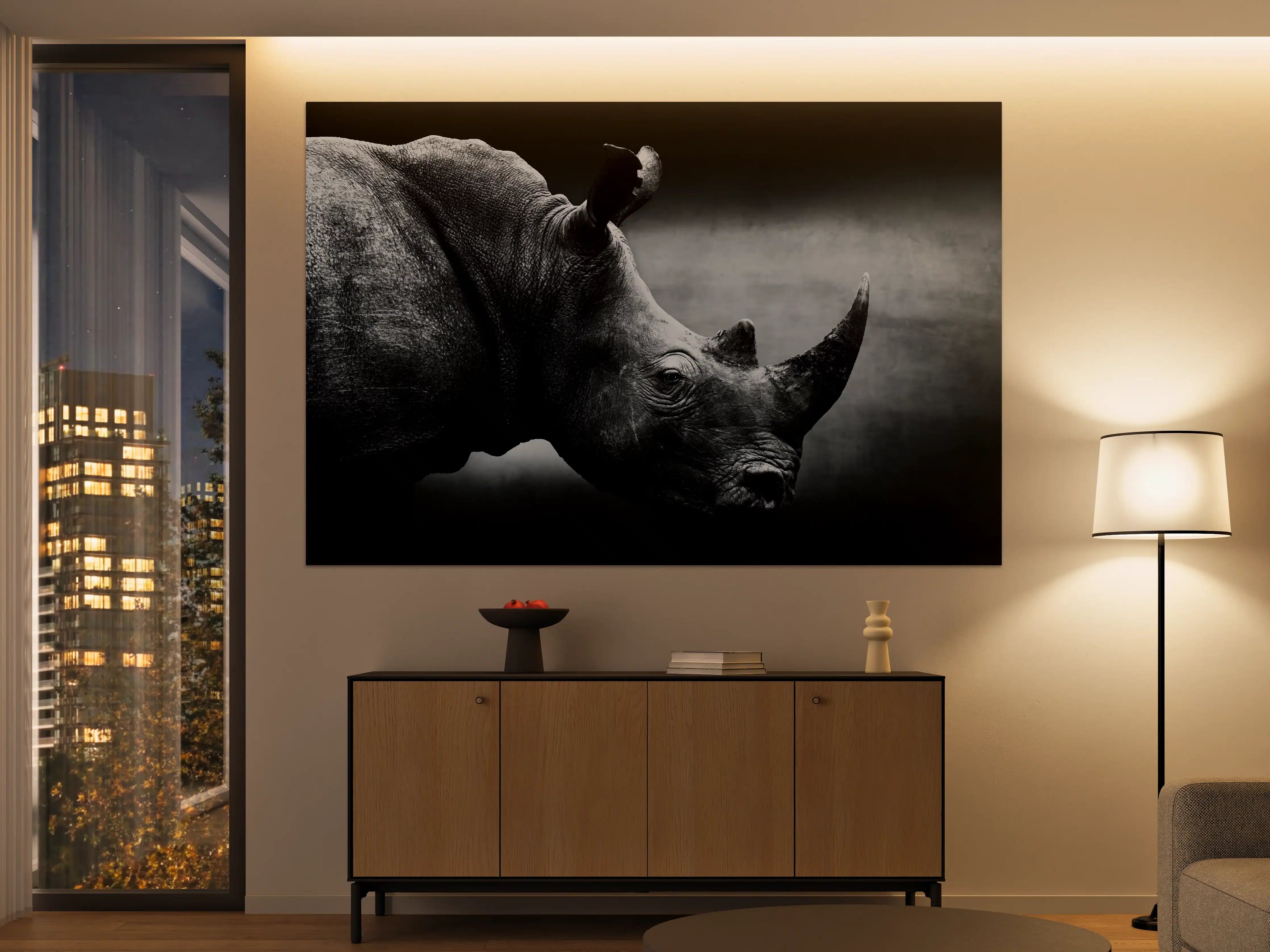 Große Wandbilder - Schwarz-Weiß-Rhino im Dämmerlicht