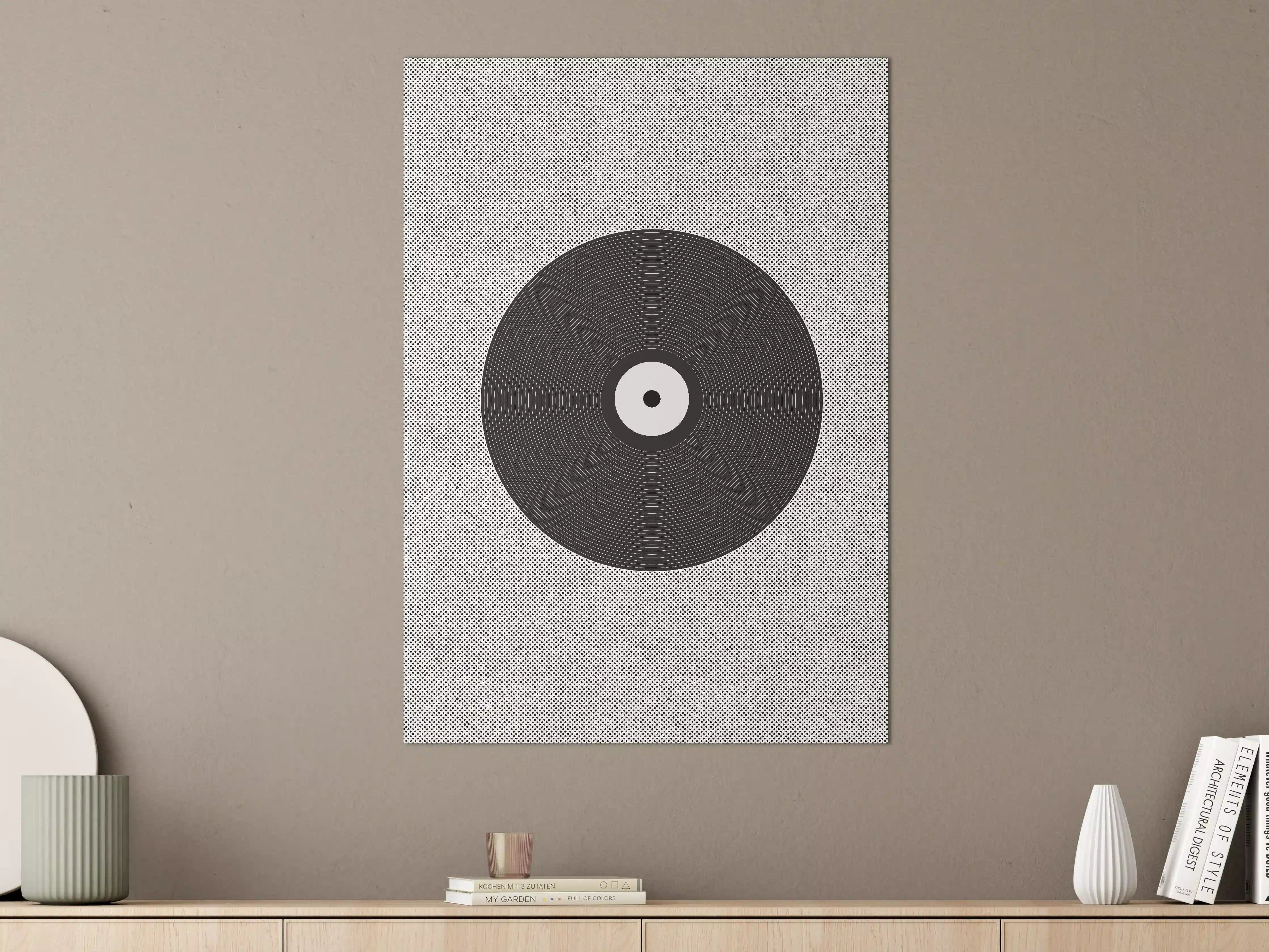 Große Wandbilder - Schwarz-Weiß-Schallplatte auf grauem Hintergrund