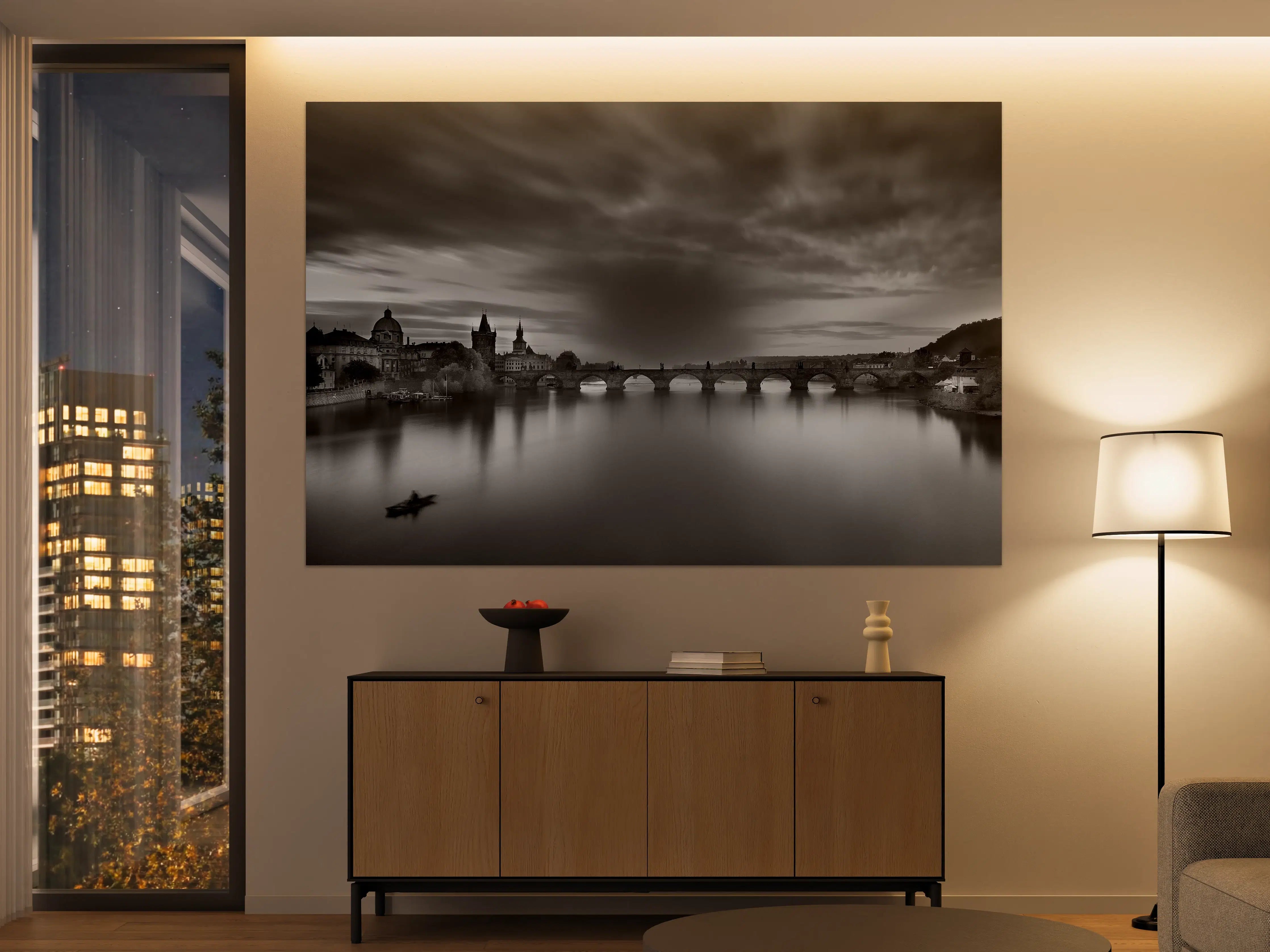 Große Wandbilder - Schwarz-Weiß-Stadtansicht mit Fluss und Brücke