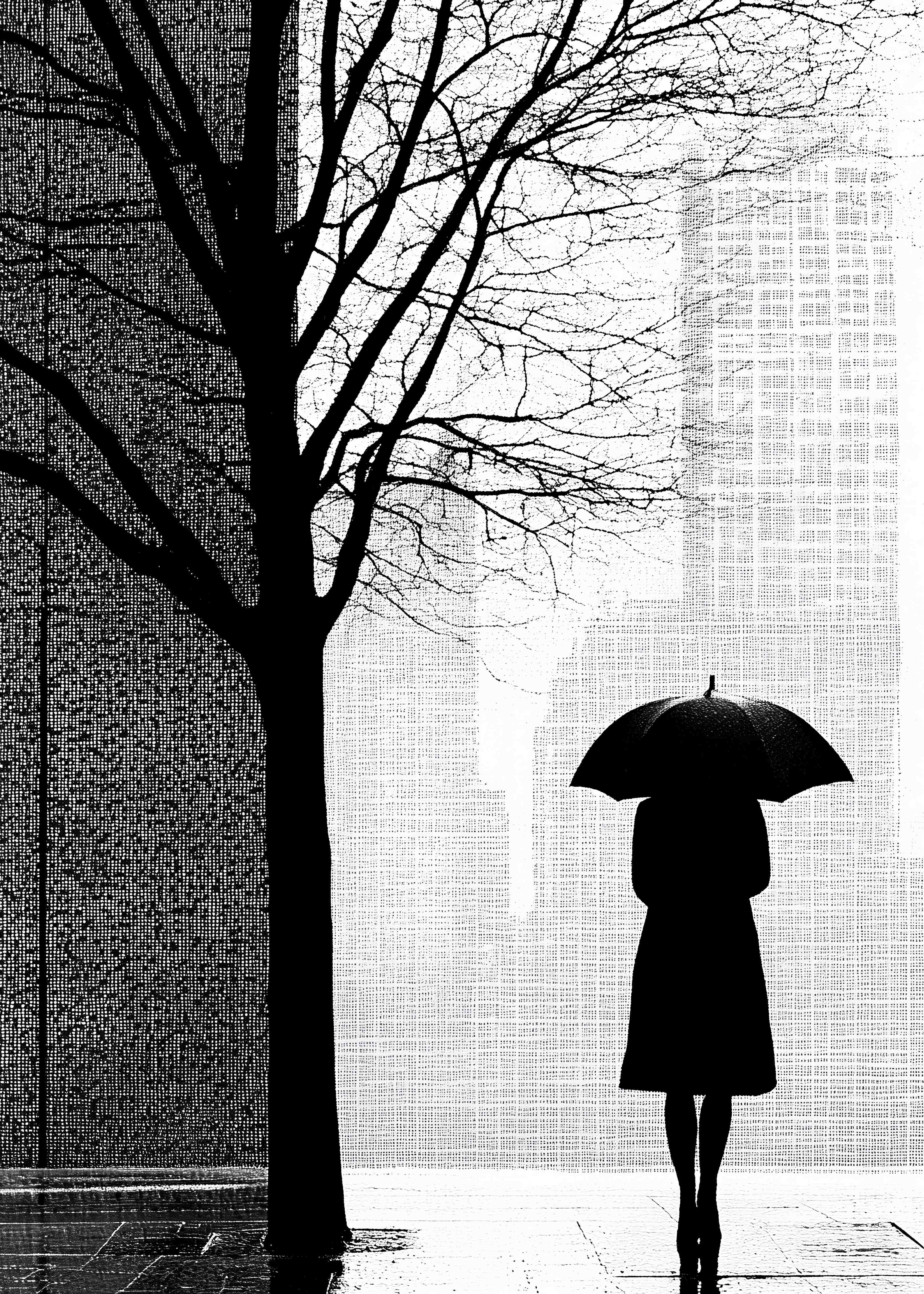 Große Wandbilder-Schwarz-Weiß-Szene mit Frau unter Regenschirm