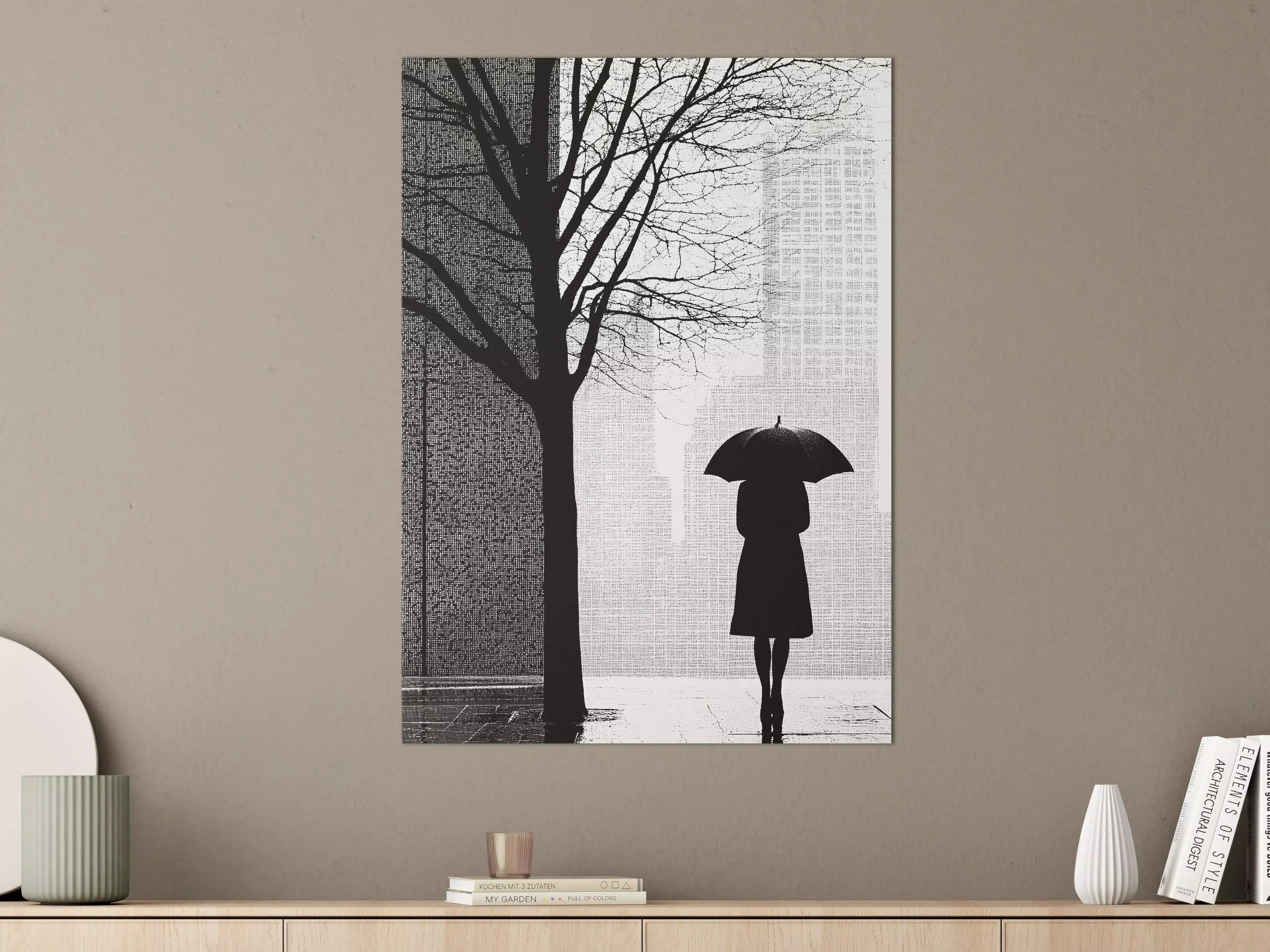 Große Wandbilder - Schwarz-Weiß-Szene mit Frau unter Regenschirm