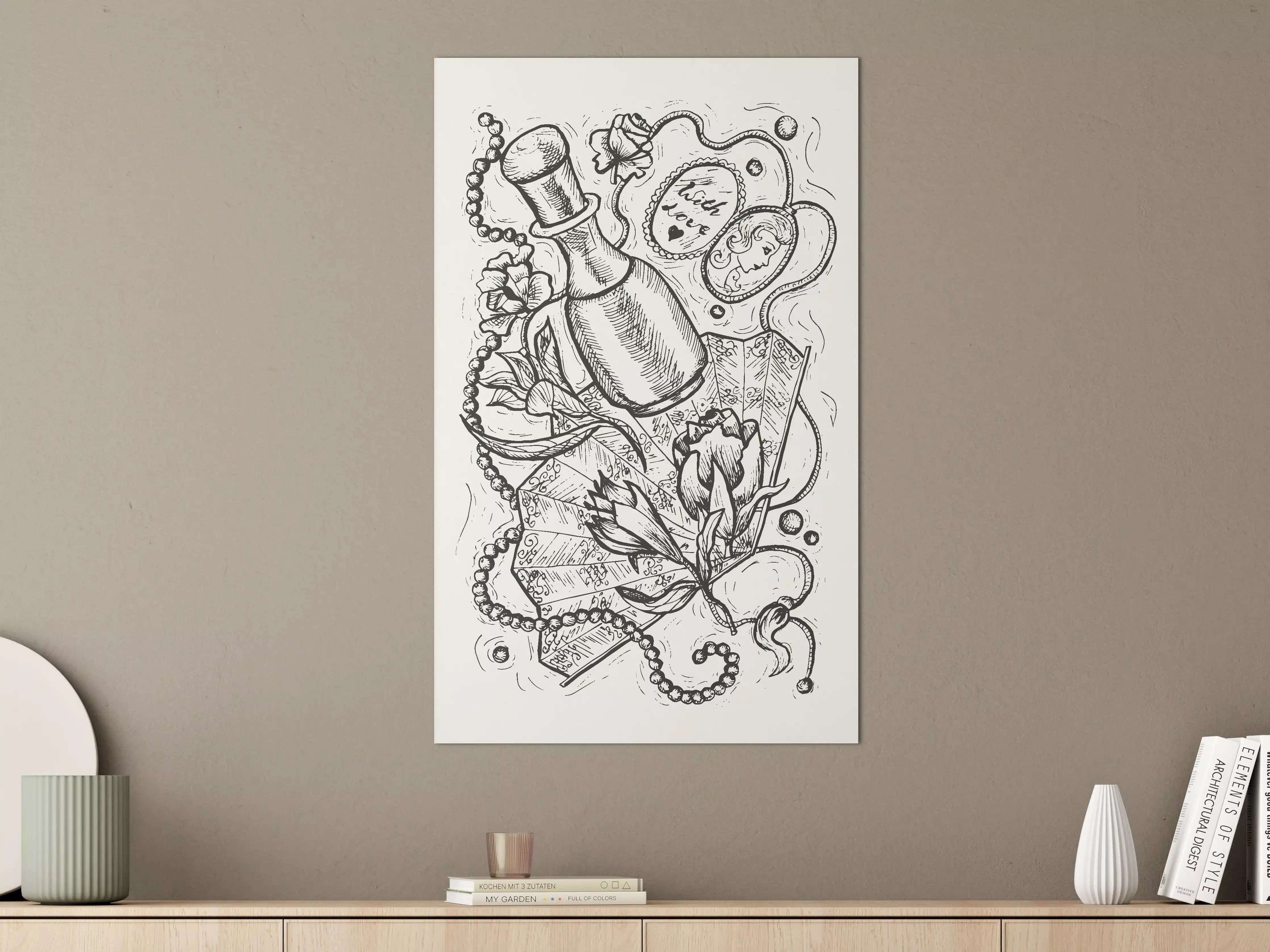 Große Wandbilder - Schwarz-Weiß-Tattoo-Design mit Blumen und Herz