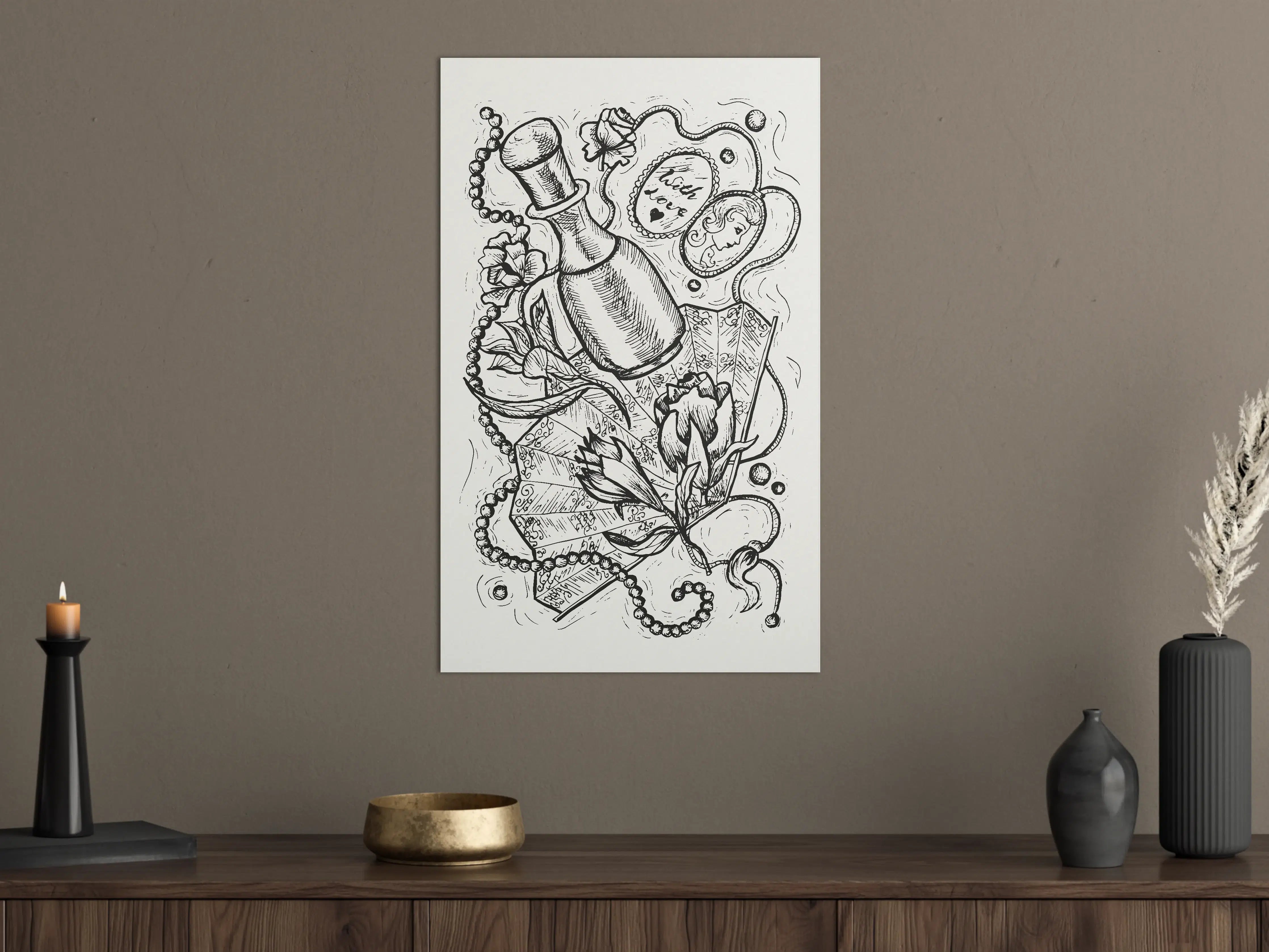 Große Wandbilder - Schwarz-Weiß-Tattoo-Design mit Blumen und Herz