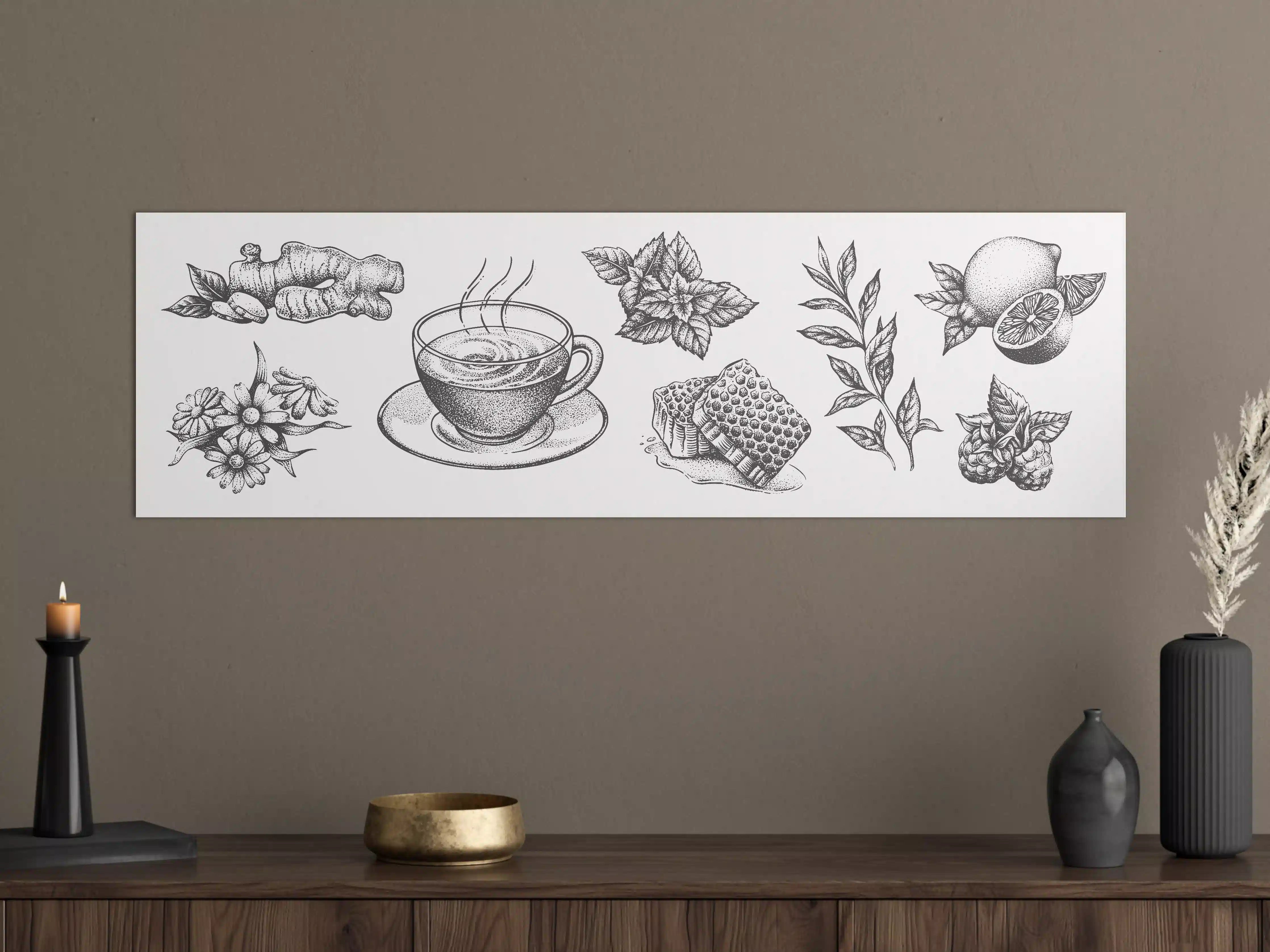 Große Wandbilder - Schwarz-weiß Tee & Gewürze Illustration