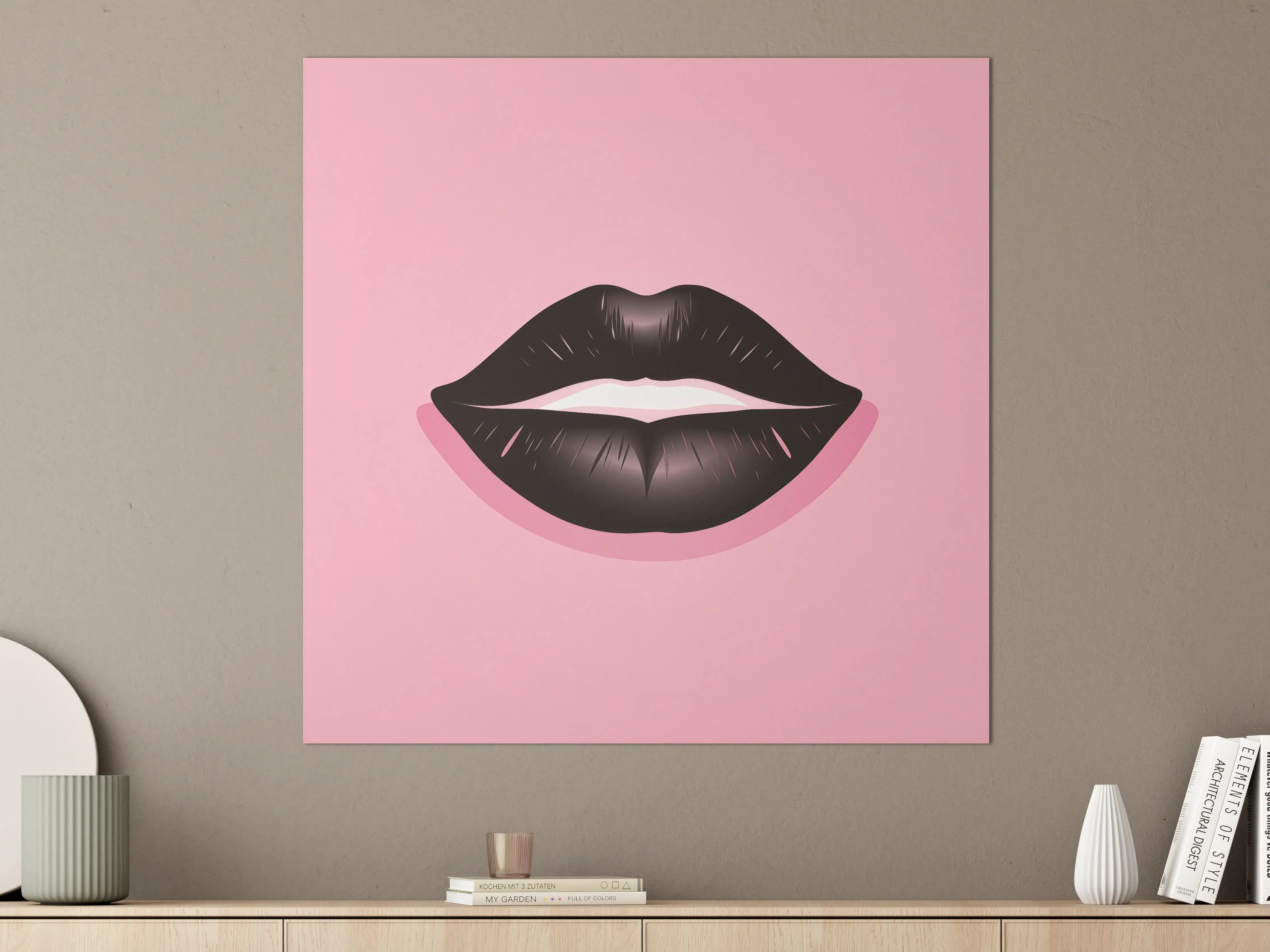 Große Wandbilder - Schwarz-weiße Lippen auf pinkem Hintergrund