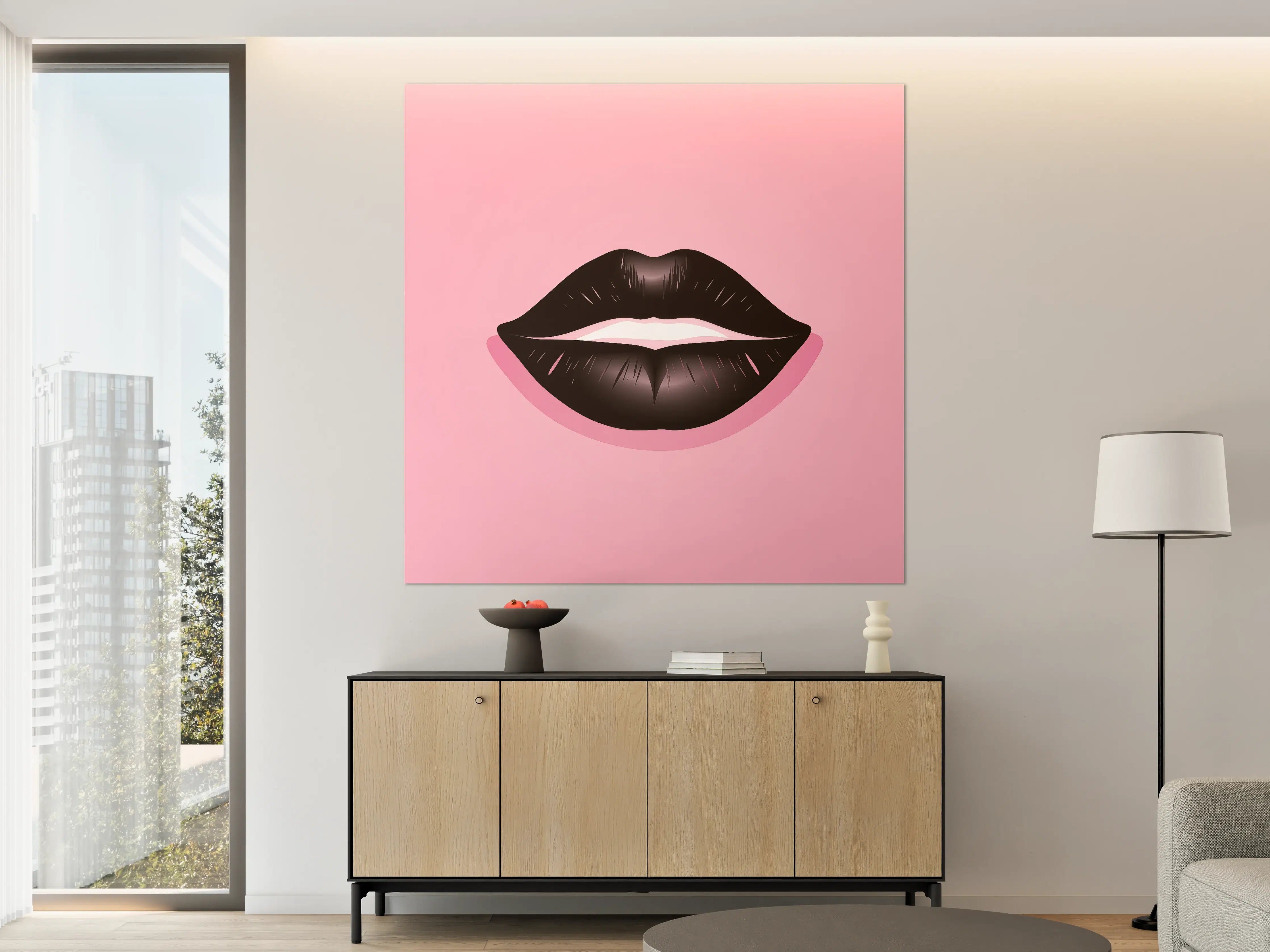Große Wandbilder - Schwarz-weiße Lippen auf pinkem Hintergrund