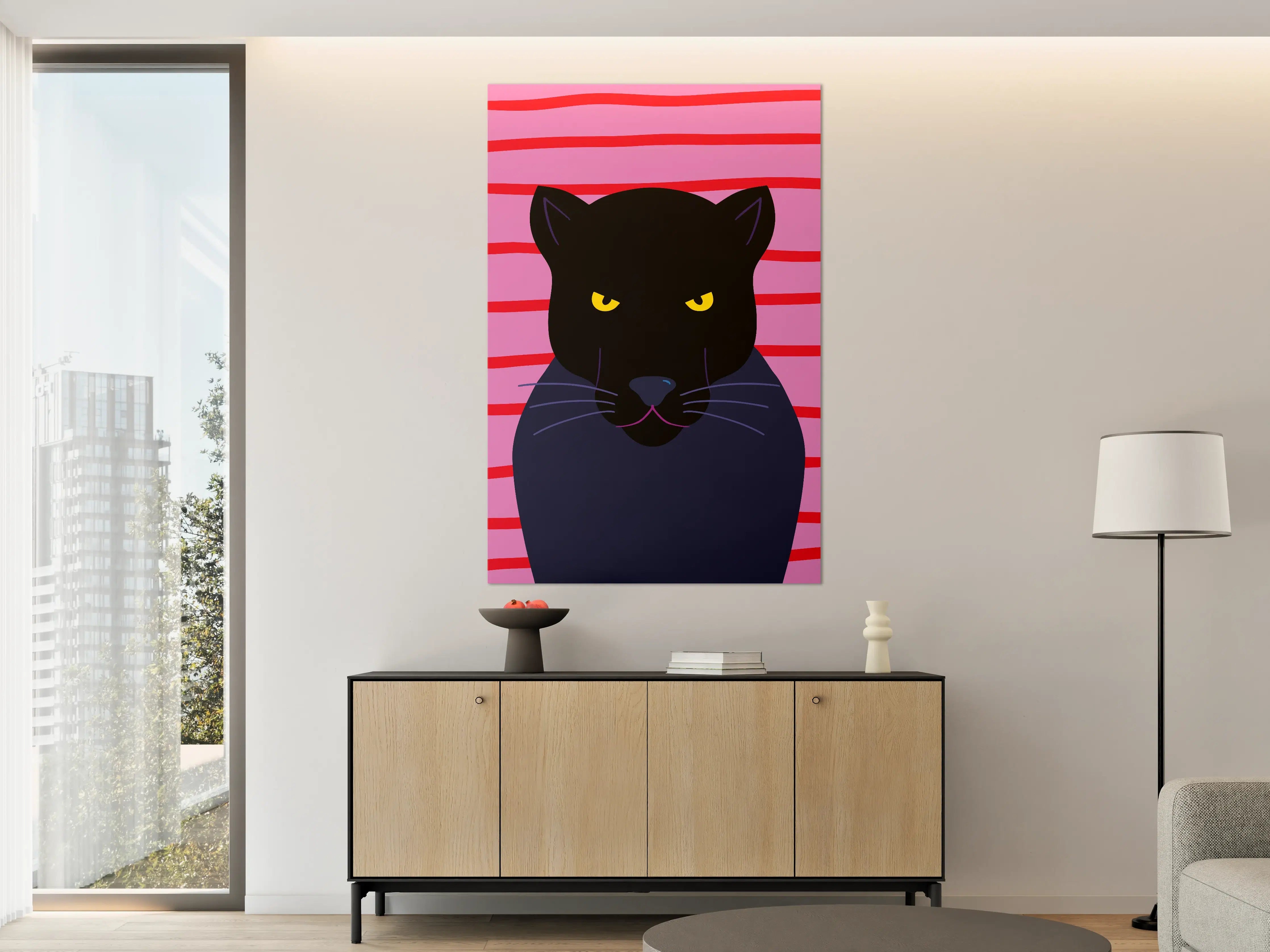 Große Wandbilder - Schwarze Katze auf pink-gestreiftem Hintergrund