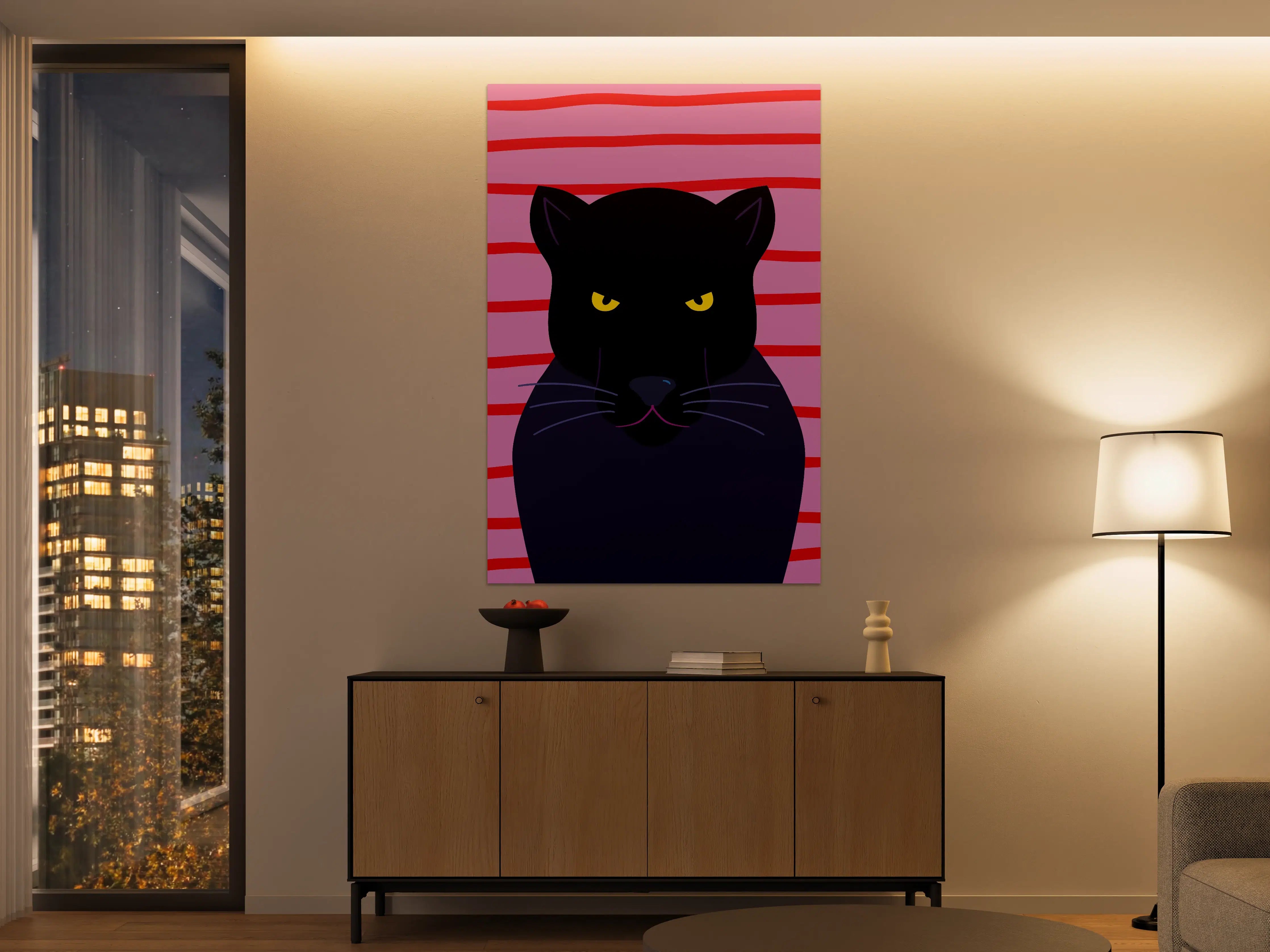 Große Wandbilder - Schwarze Katze auf pink-gestreiftem Hintergrund