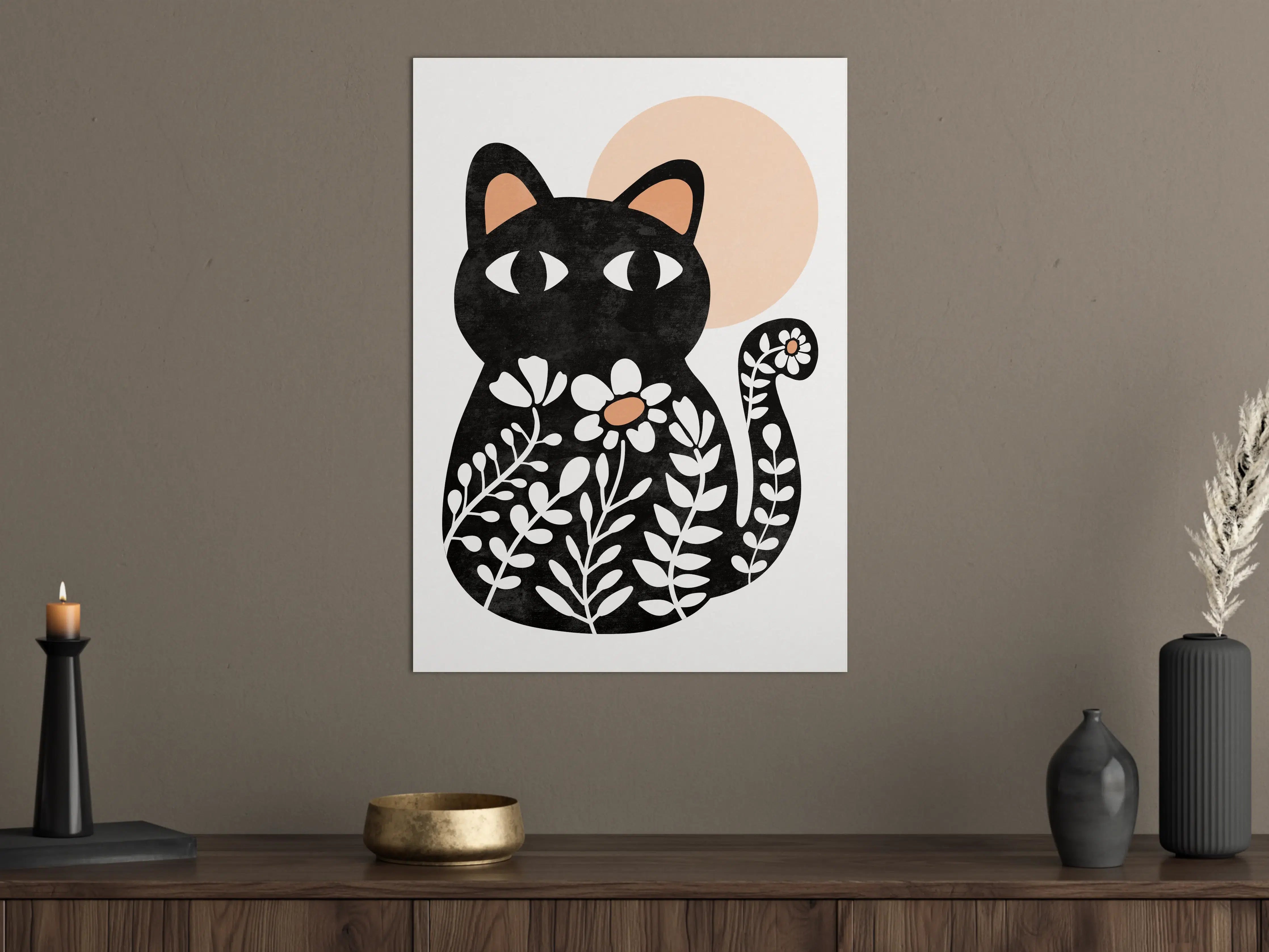 Große Wandbilder - Schwarze Katzenillustration mit Blumen und Mond