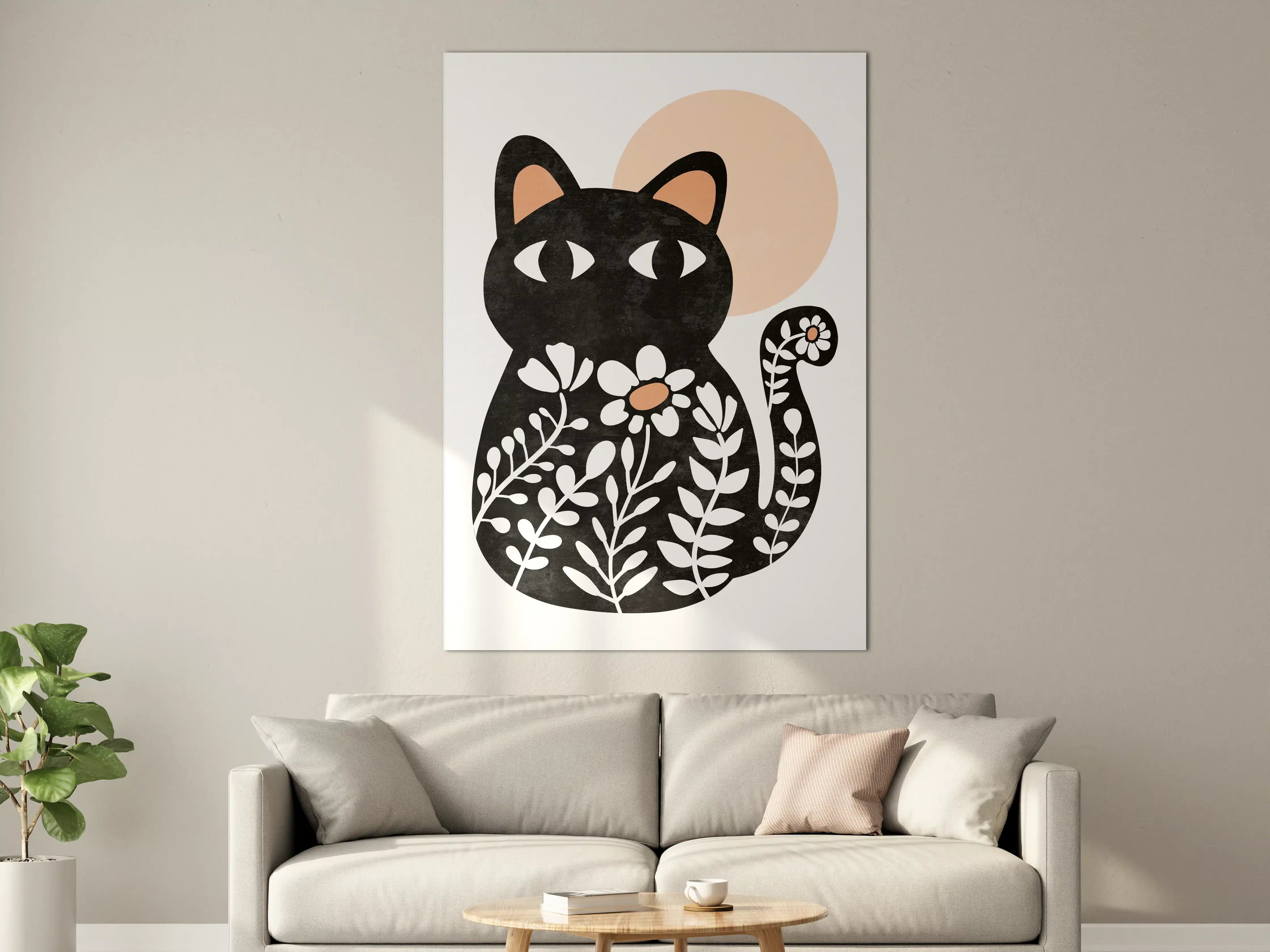 Große Wandbilder - Schwarze Katzenillustration mit Blumen und Mond