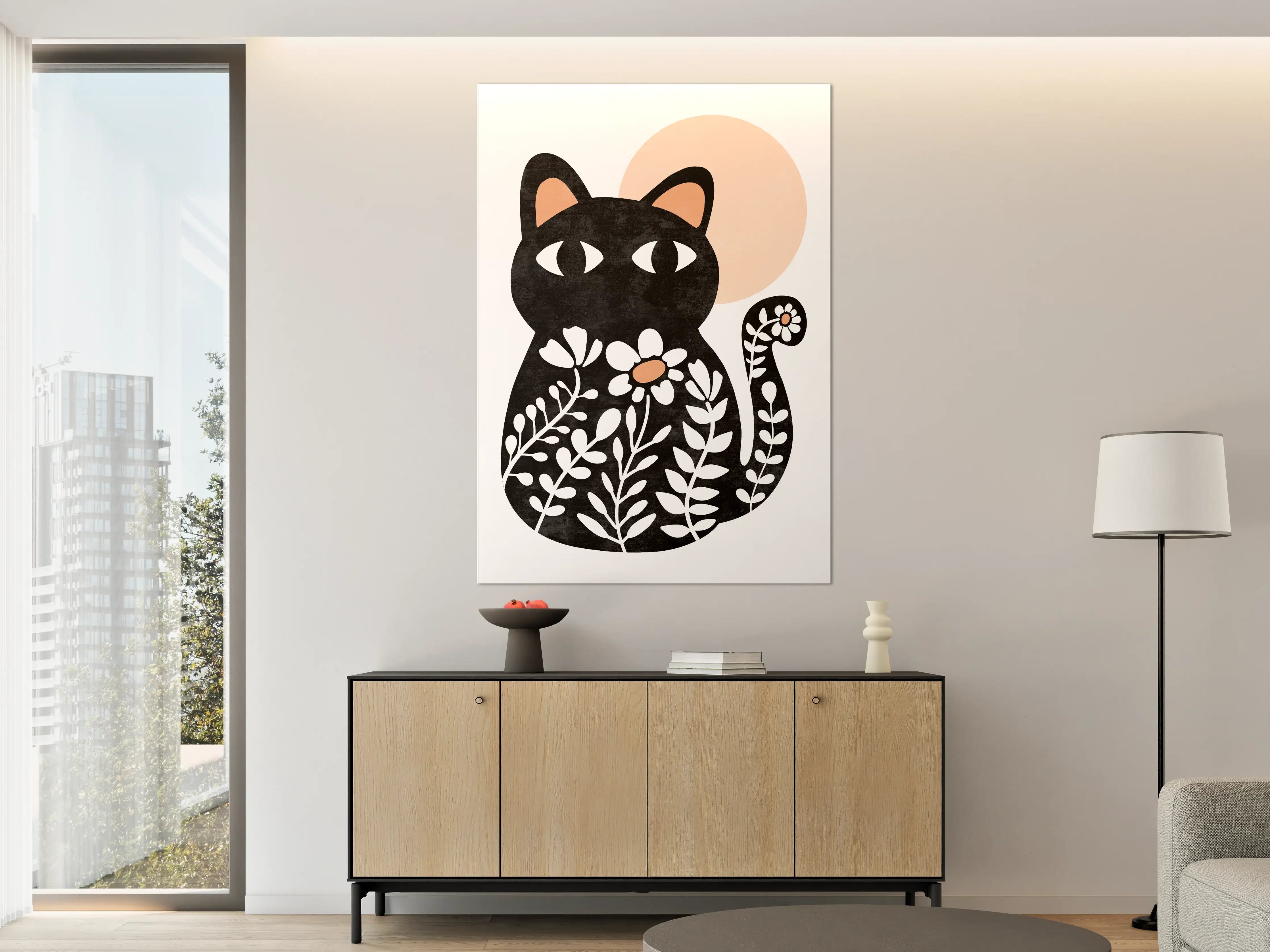 Große Wandbilder - Schwarze Katzenillustration mit Blumen und Mond