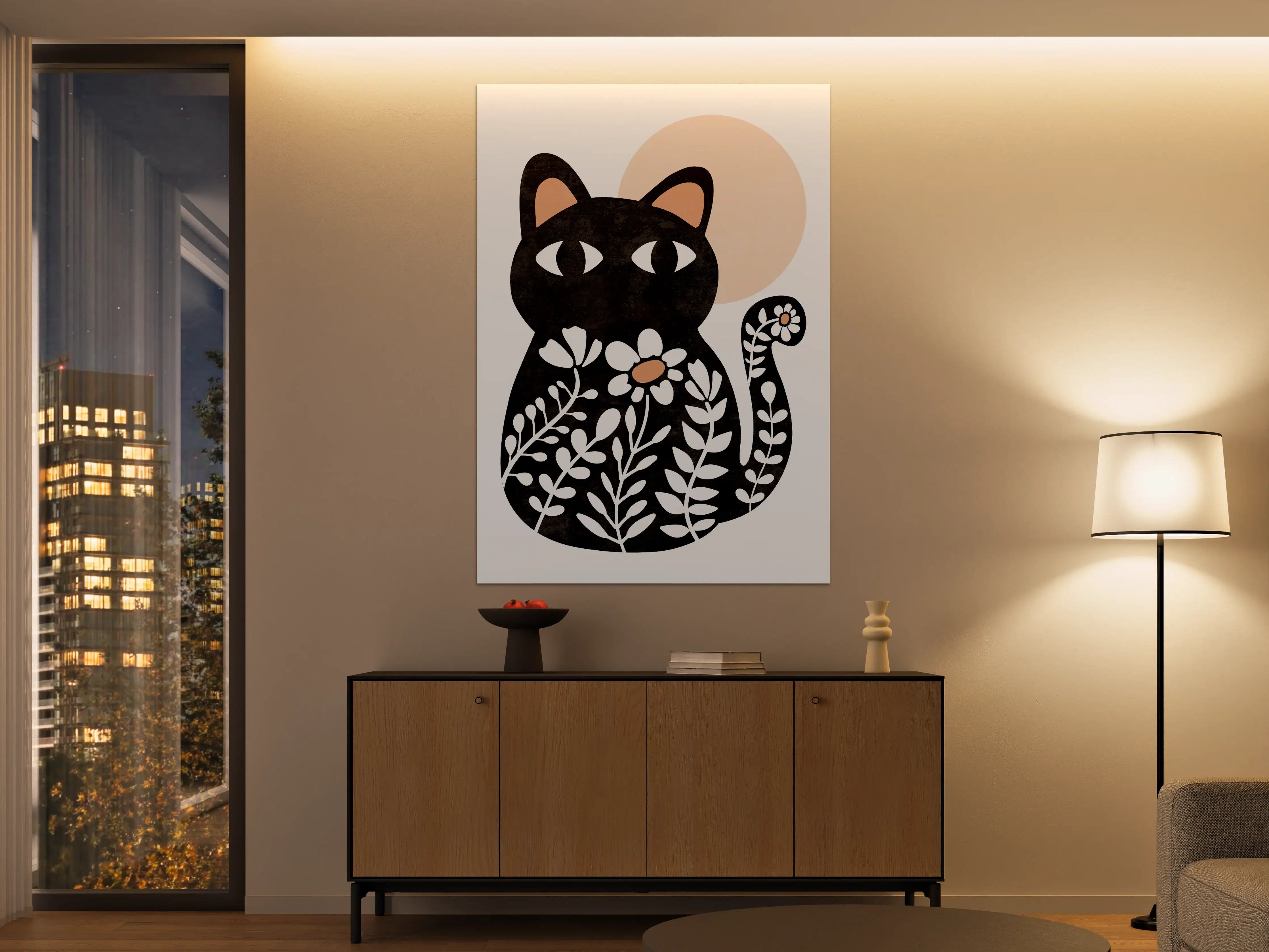 Große Wandbilder - Schwarze Katzenillustration mit Blumen und Mond