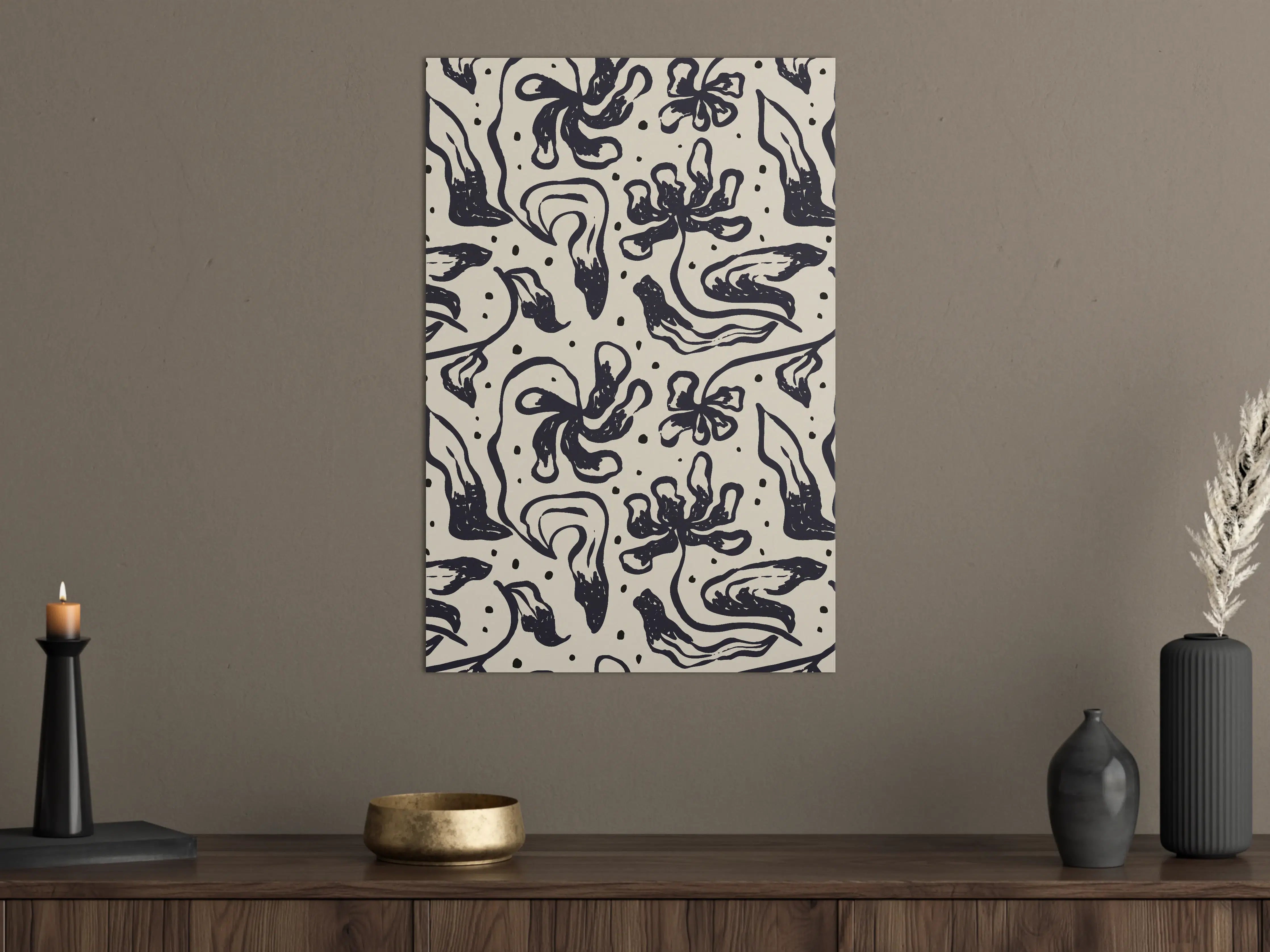 Große Wandbilder - Schwarze abstrakte Blumenmuster auf hellgrauem Hintergrund