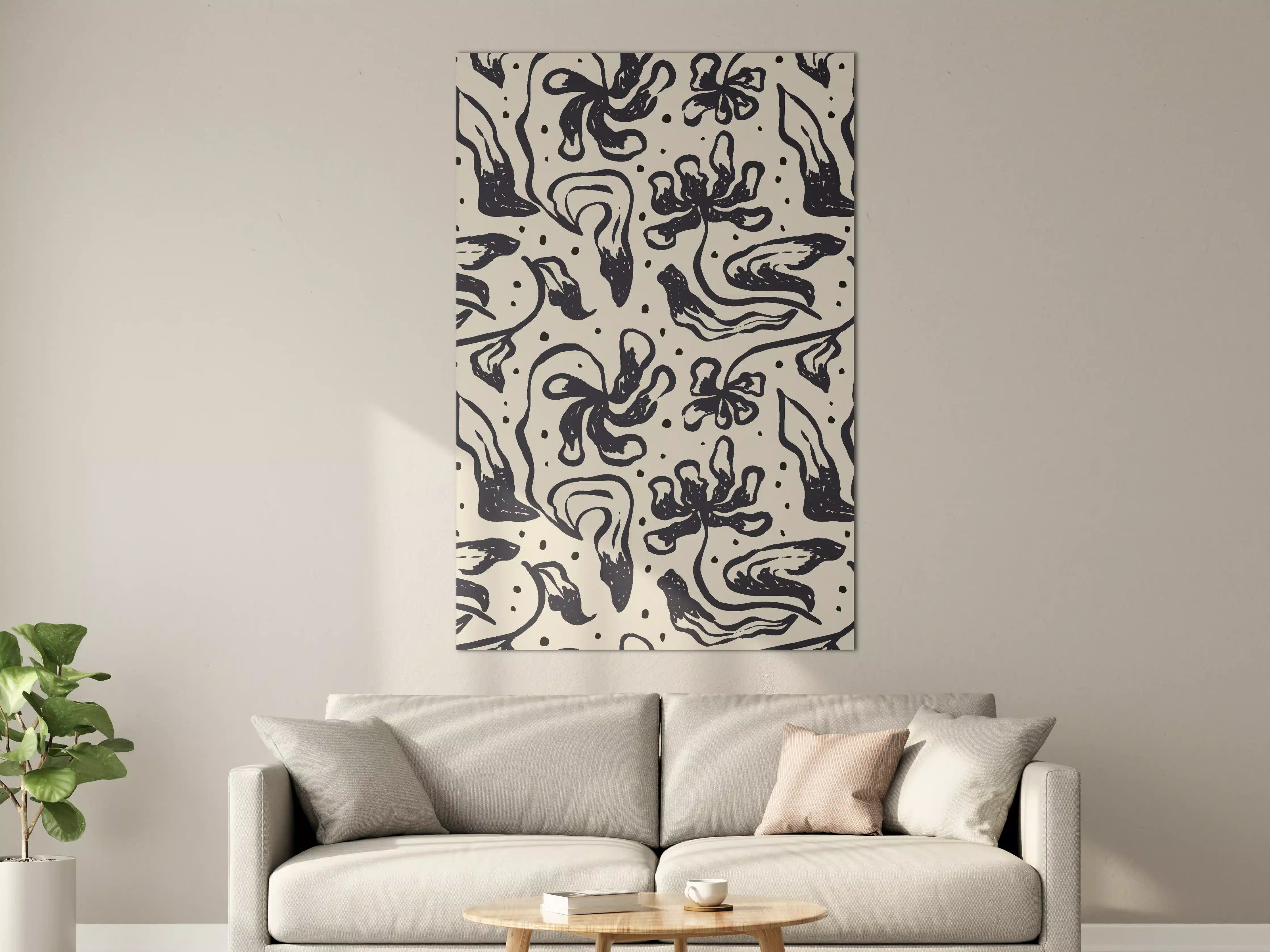 Große Wandbilder - Schwarze abstrakte Blumenmuster auf hellgrauem Hintergrund