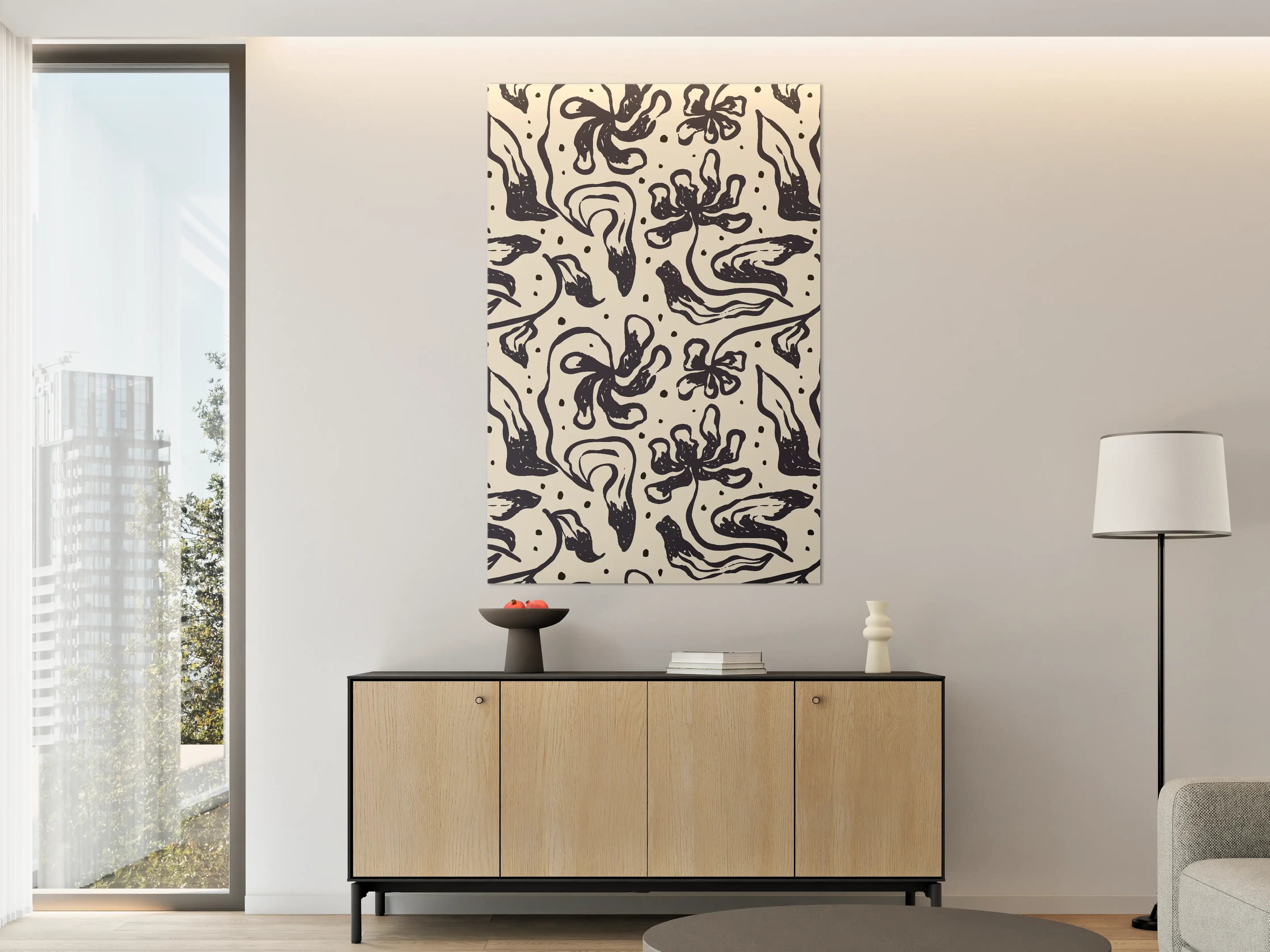 Große Wandbilder - Schwarze abstrakte Blumenmuster auf hellgrauem Hintergrund