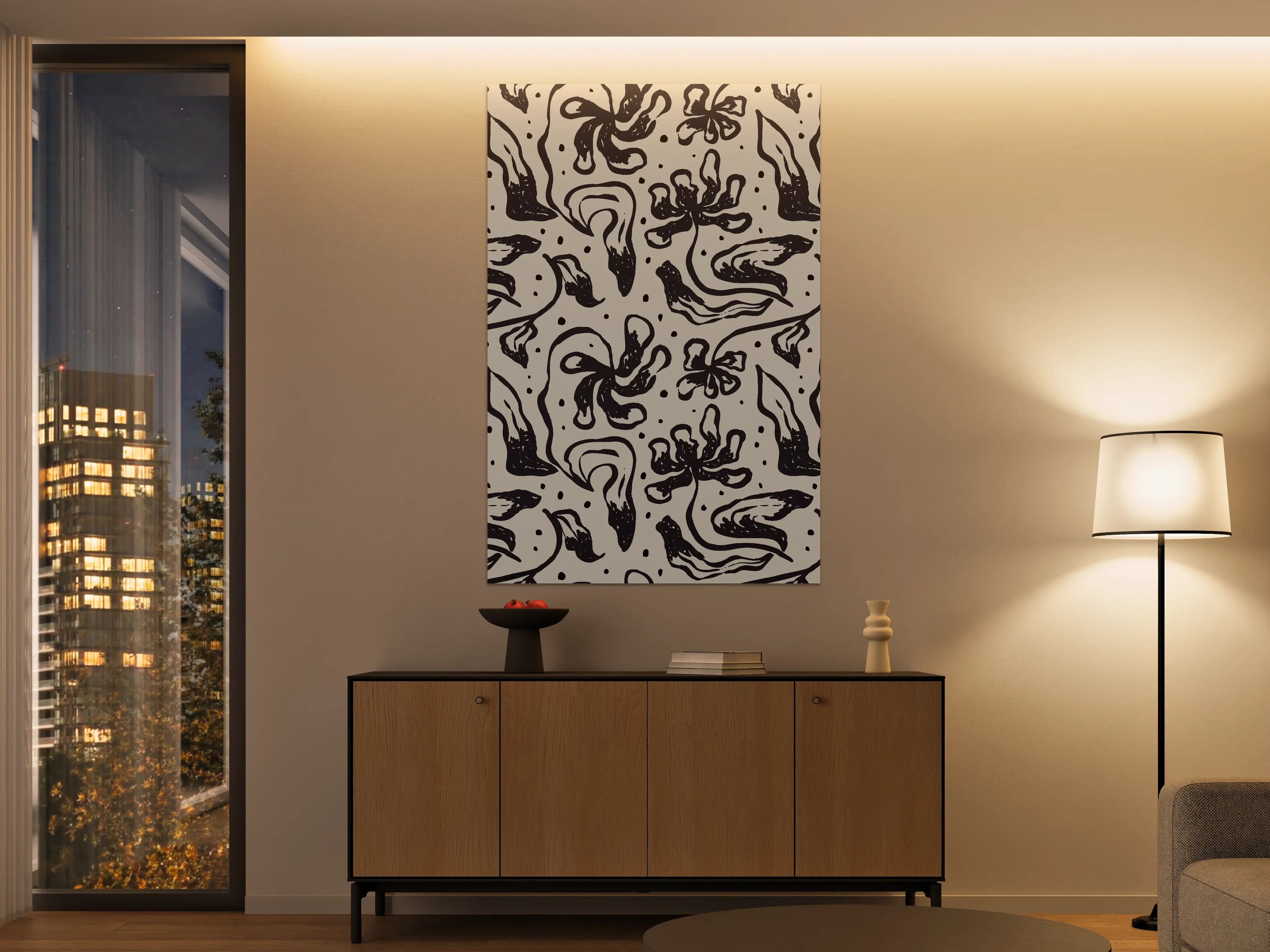 Große Wandbilder - Schwarze abstrakte Blumenmuster auf hellgrauem Hintergrund