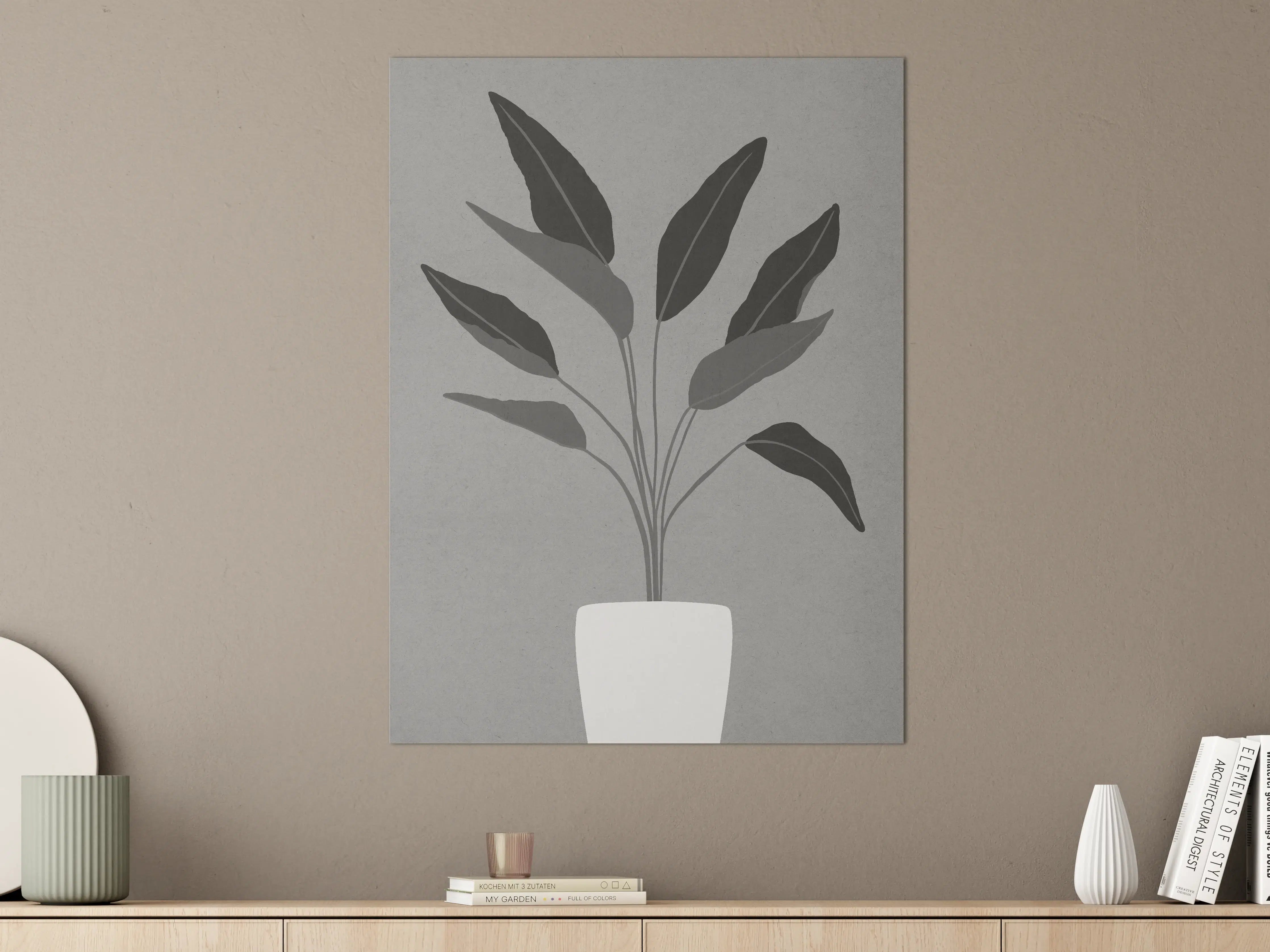 Große Wandbilder - Schwarzer Blätterzweig auf Grau