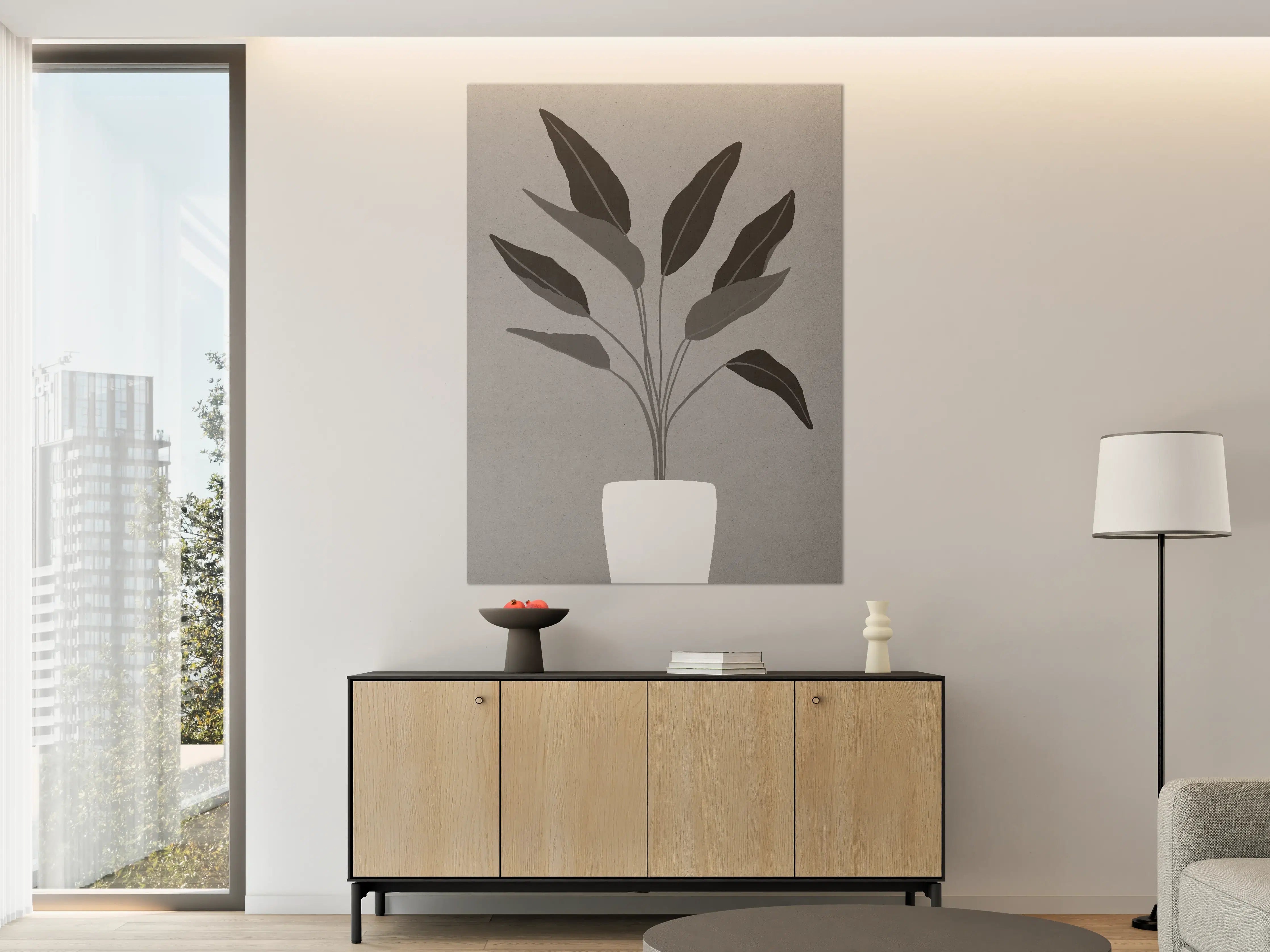 Große Wandbilder - Schwarzer Blätterzweig auf Grau