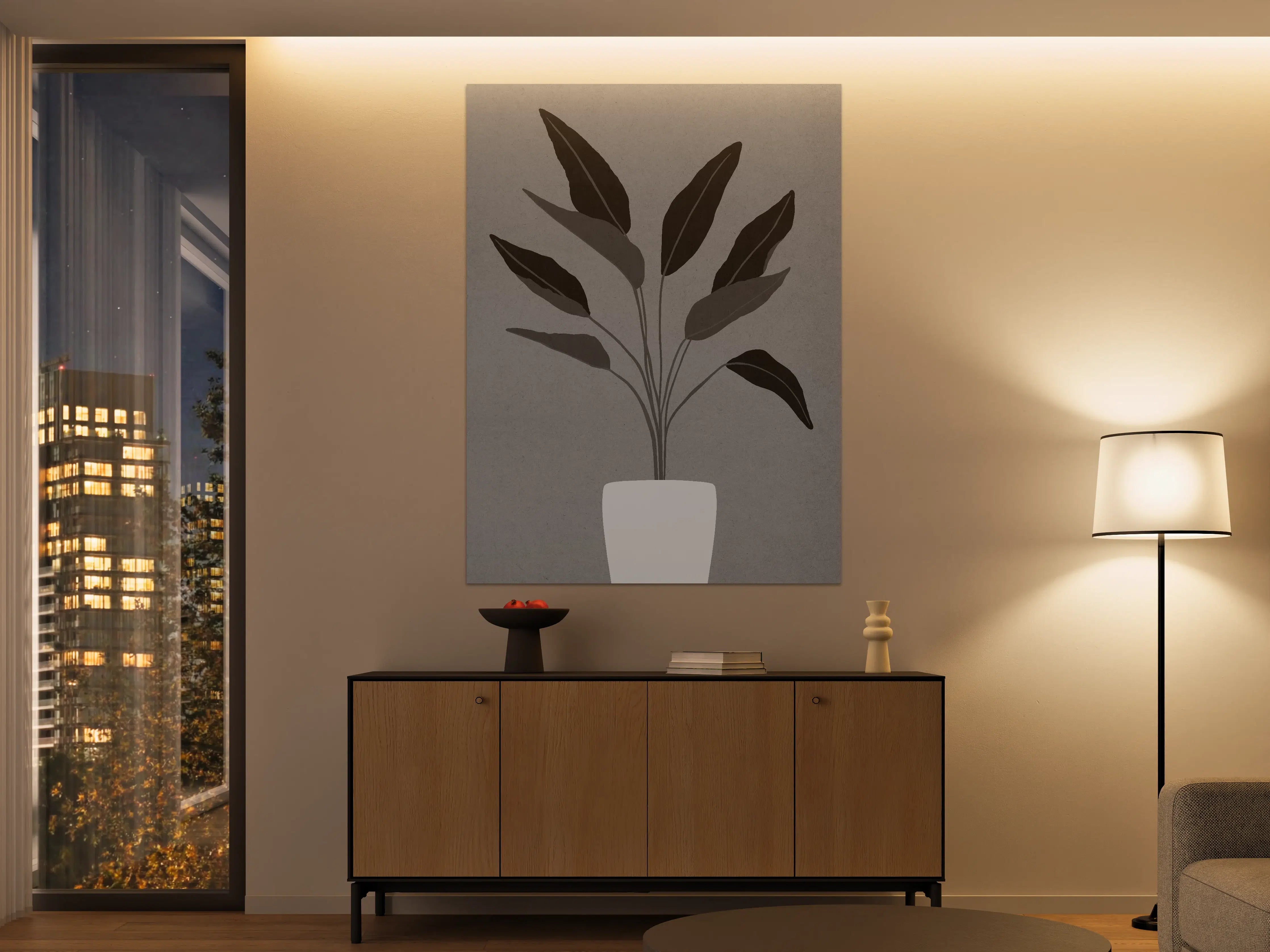 Große Wandbilder - Schwarzer Blätterzweig auf Grau