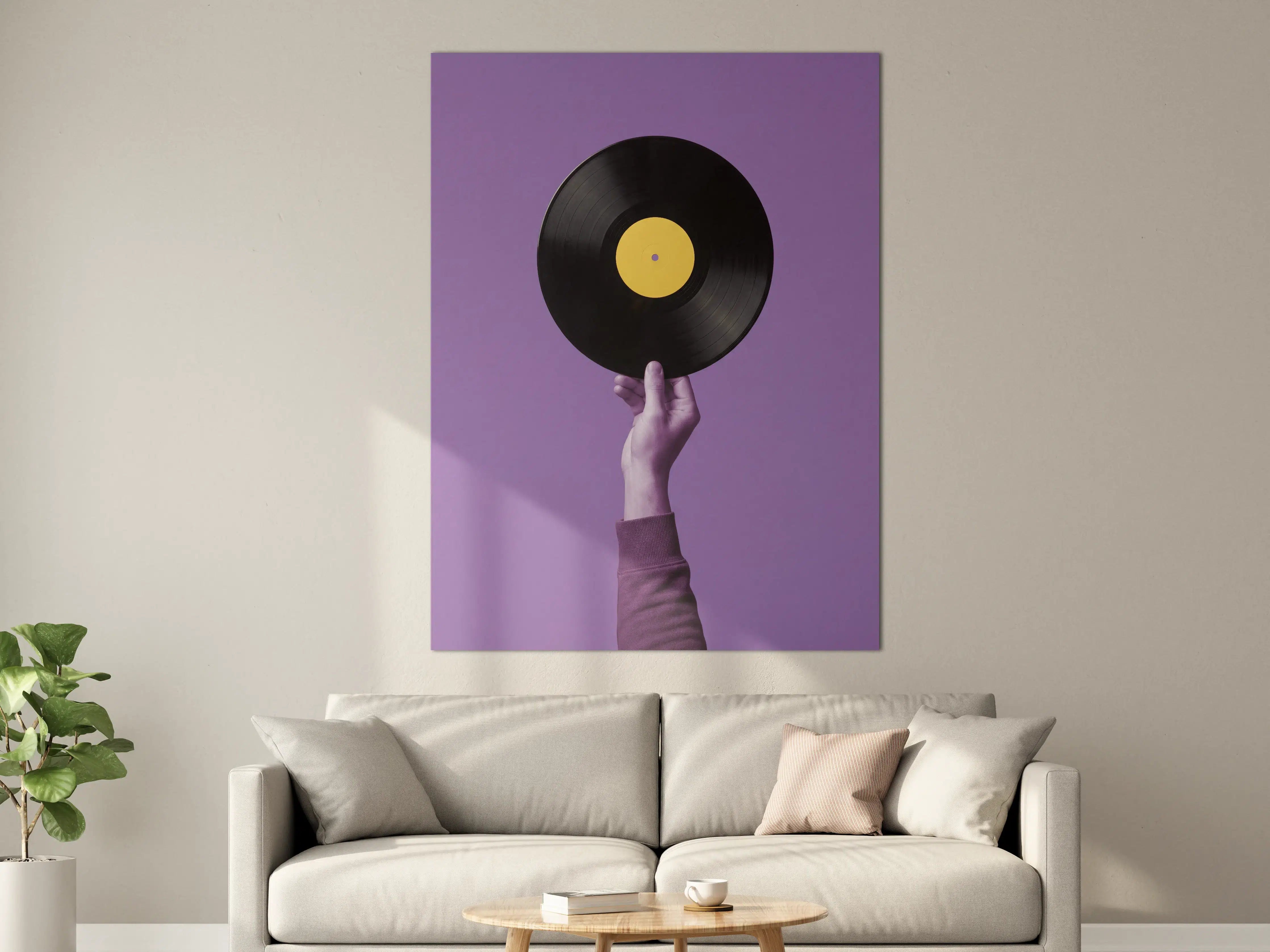 Große Wandbilder - Schwarzer Vinyl-Schallplatte auf lila Hintergrund