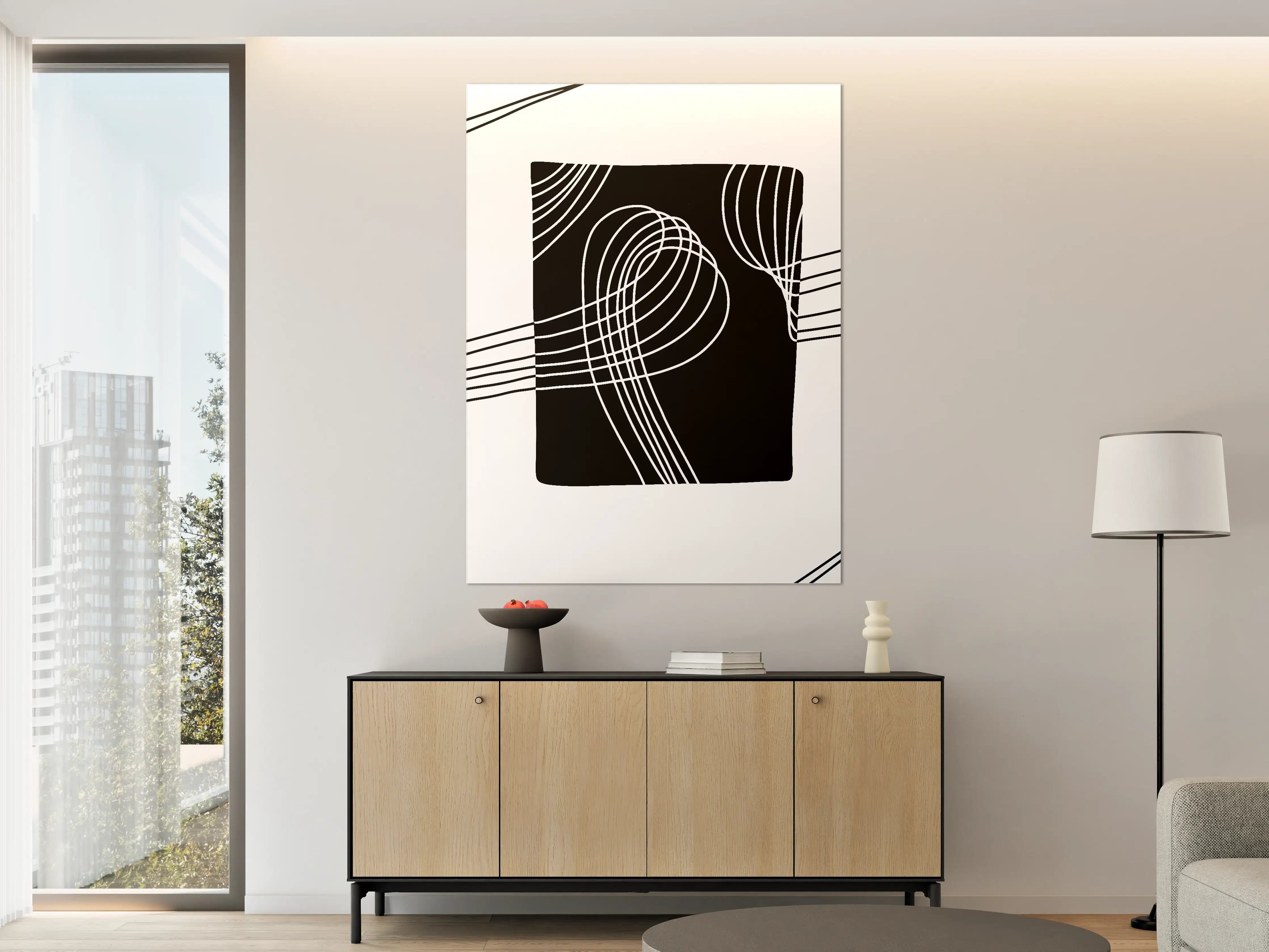 Große Wandbilder - Schwarzes Kunstwerk mit weißen Linien