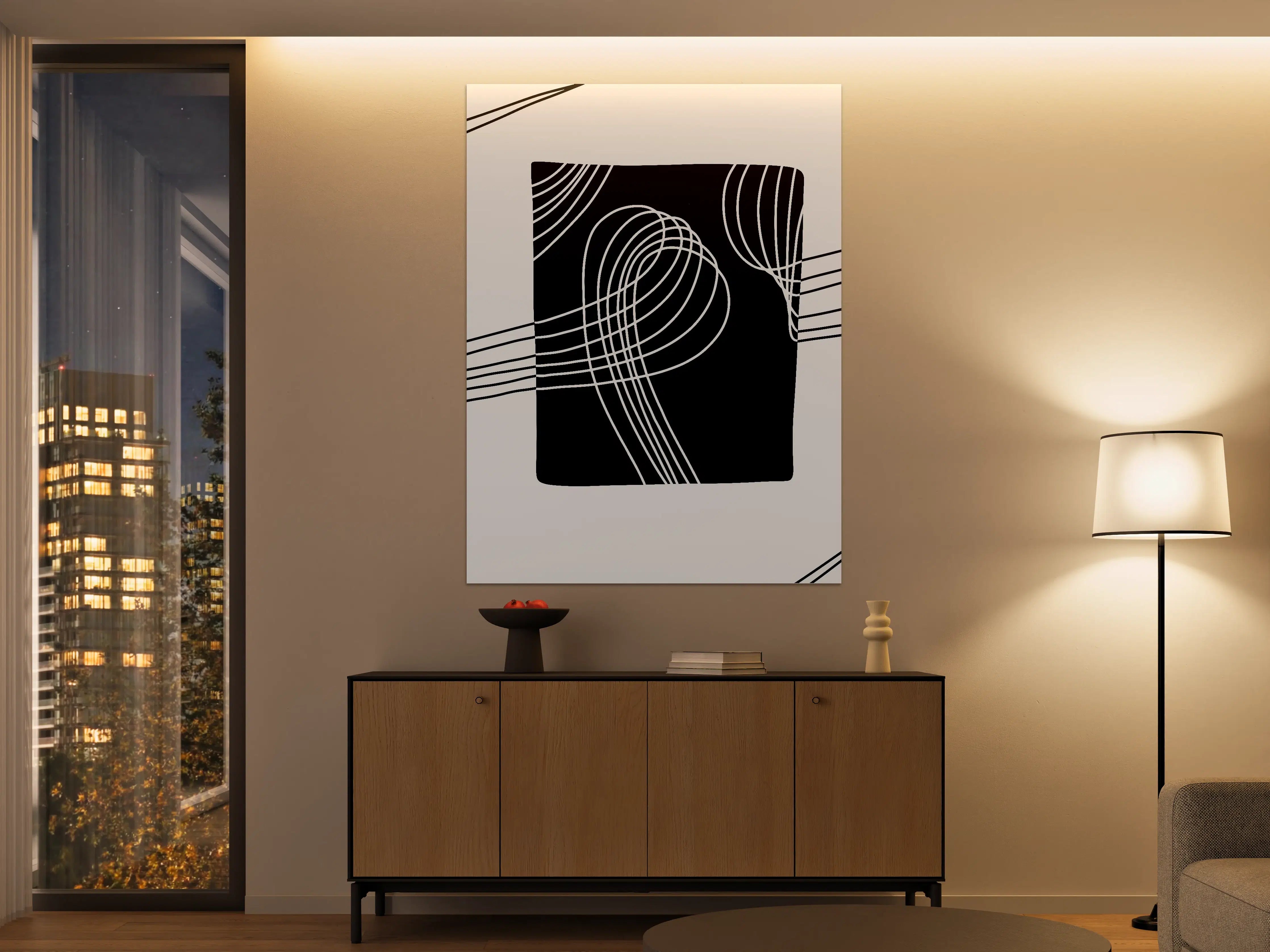 Große Wandbilder - Schwarzes Kunstwerk mit weißen Linien