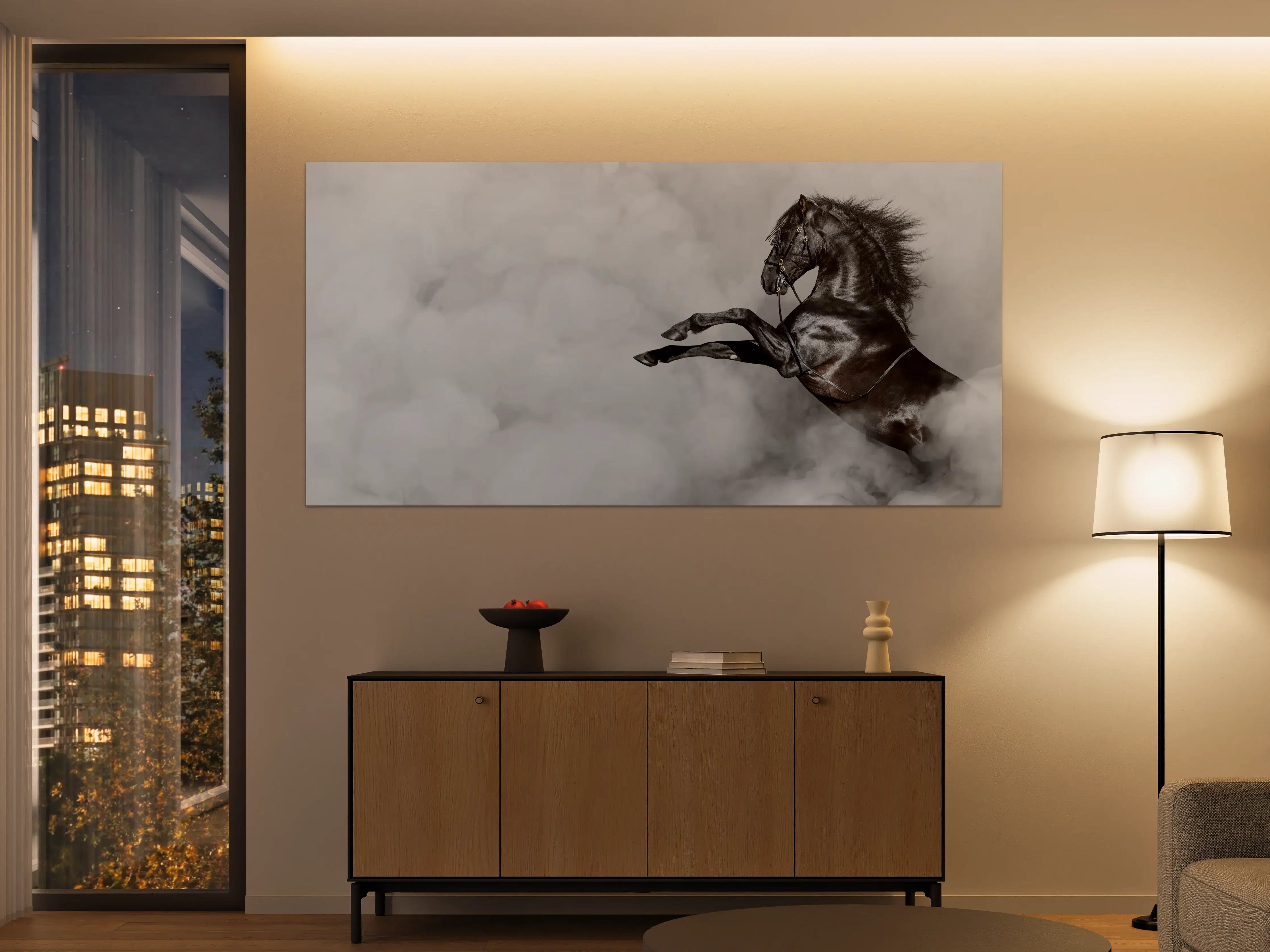 Große Wandbilder - Schwarzes Pferd im Nebel Kunstbild