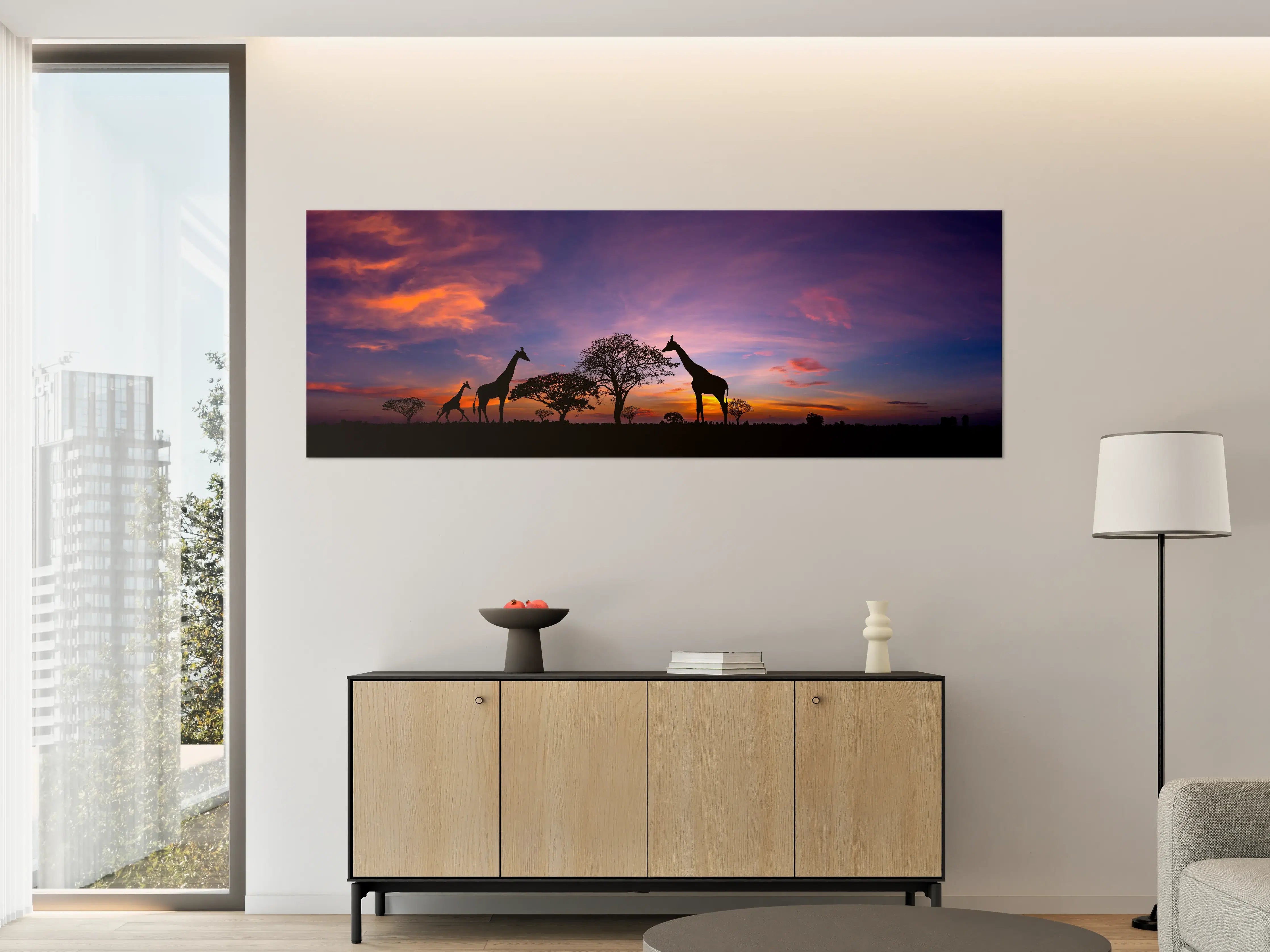 Große Wandbilder - Silhouette - Giraffenfamilie bei Sonnenuntergang